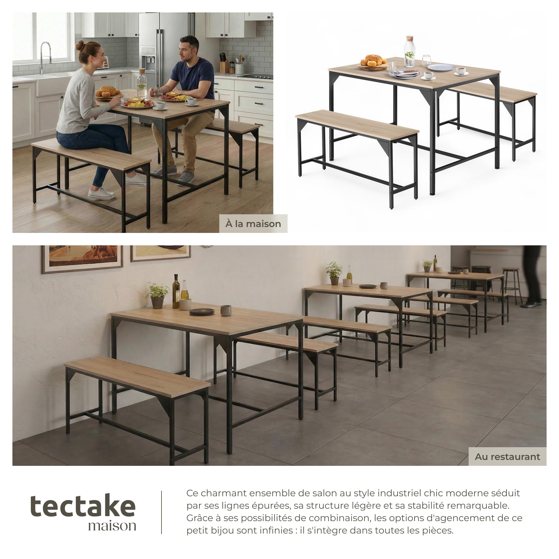 tectake® Ensemble Table et Banc Salle à Manger en Bois et Acier Table de Salle à Manger 2 Bancs Style Industriel Scandinave - Chêne Sonoma/Marron Clair Industriel