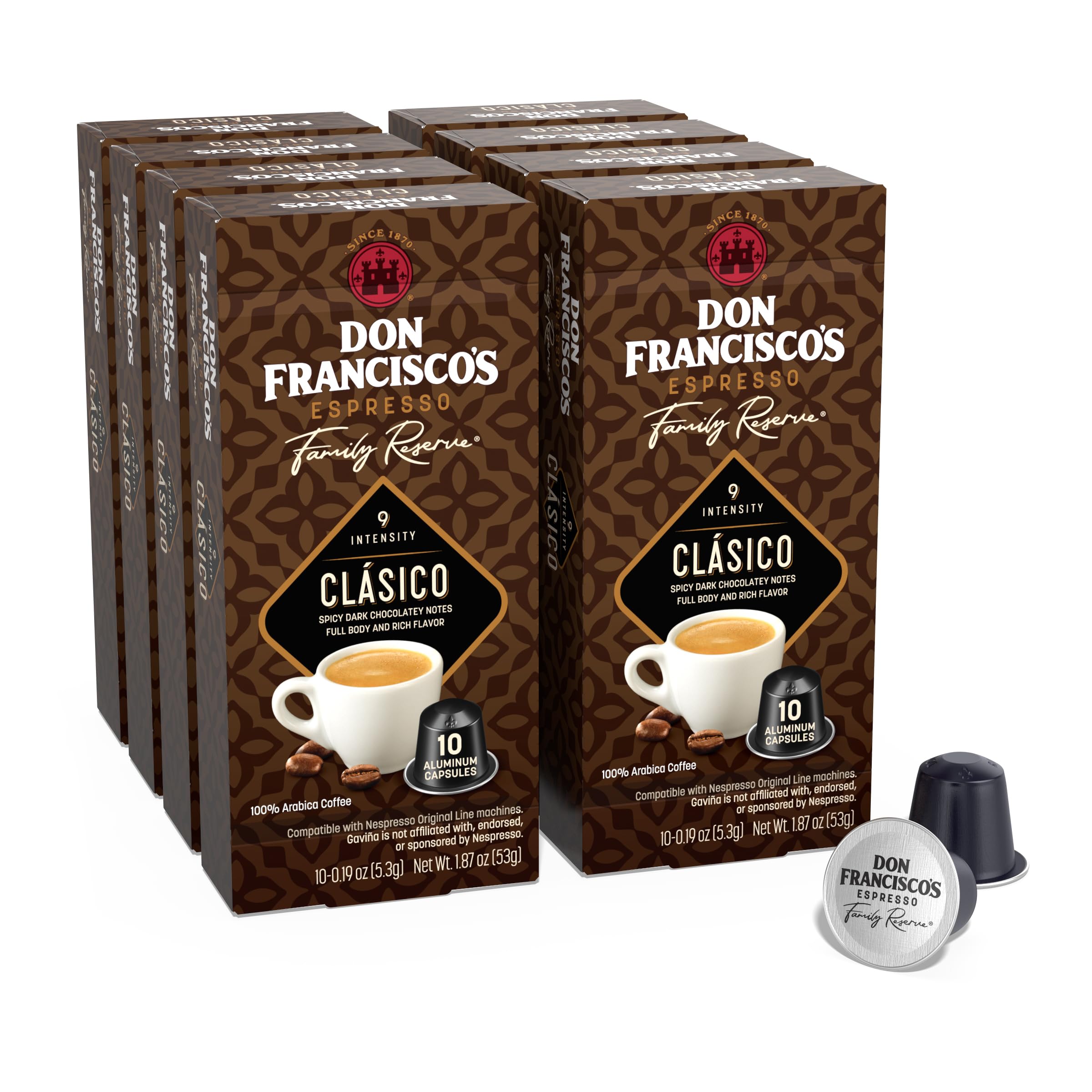 Don Francisco's Clasico Intensity 9 Zestaw 80 aluminiowych kapsułek espresso nadających się do ekspresów do kawy Nespresso Original Line