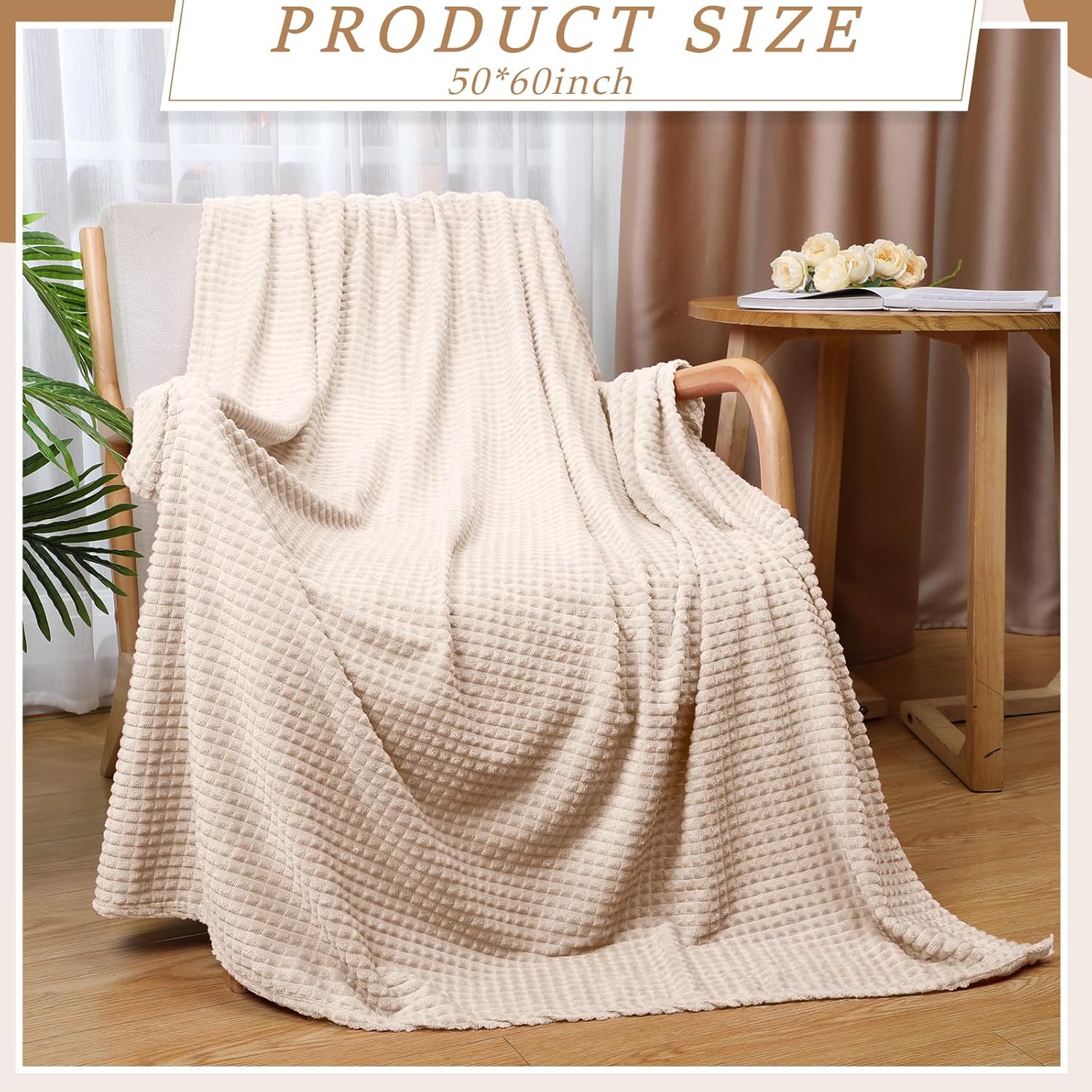 Buryeah 12 Pcs Flannel Fleece Throw Blanket Bulk 50 x 60 Inch Wedding Throw Blanket 3D Jacquard Grid Design Soft for Couch Sofa Chair Donation Homeless Gift (Khaki) - Image 3