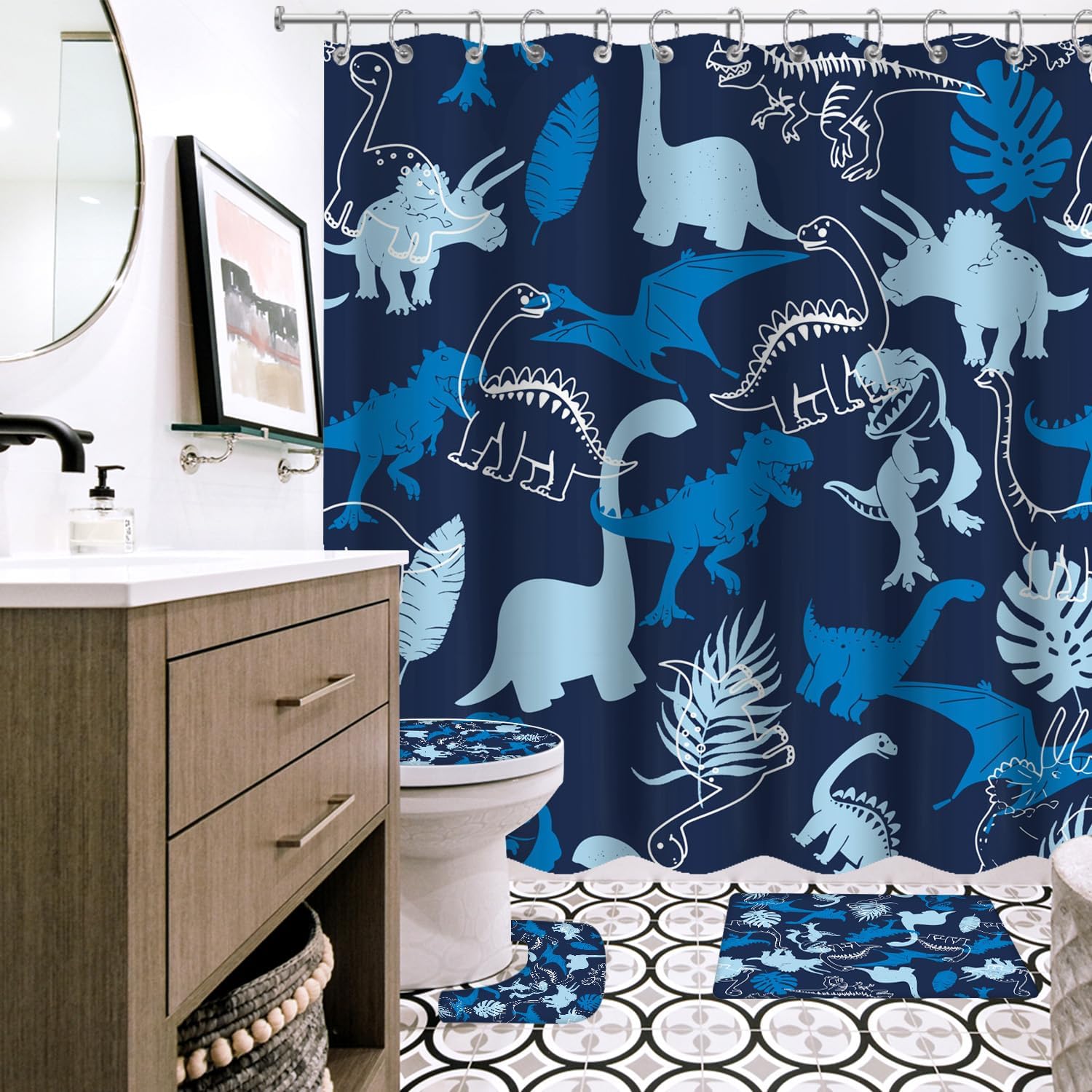 4 Pcs Cute Dinosaur Shower Curtain Sets with Rugs Navy Blue Cartoon Jungle Dino Wild Animal Pattern Bathroom Set Home Bath Bathtub Decor for Bathroom 72Inch image 5