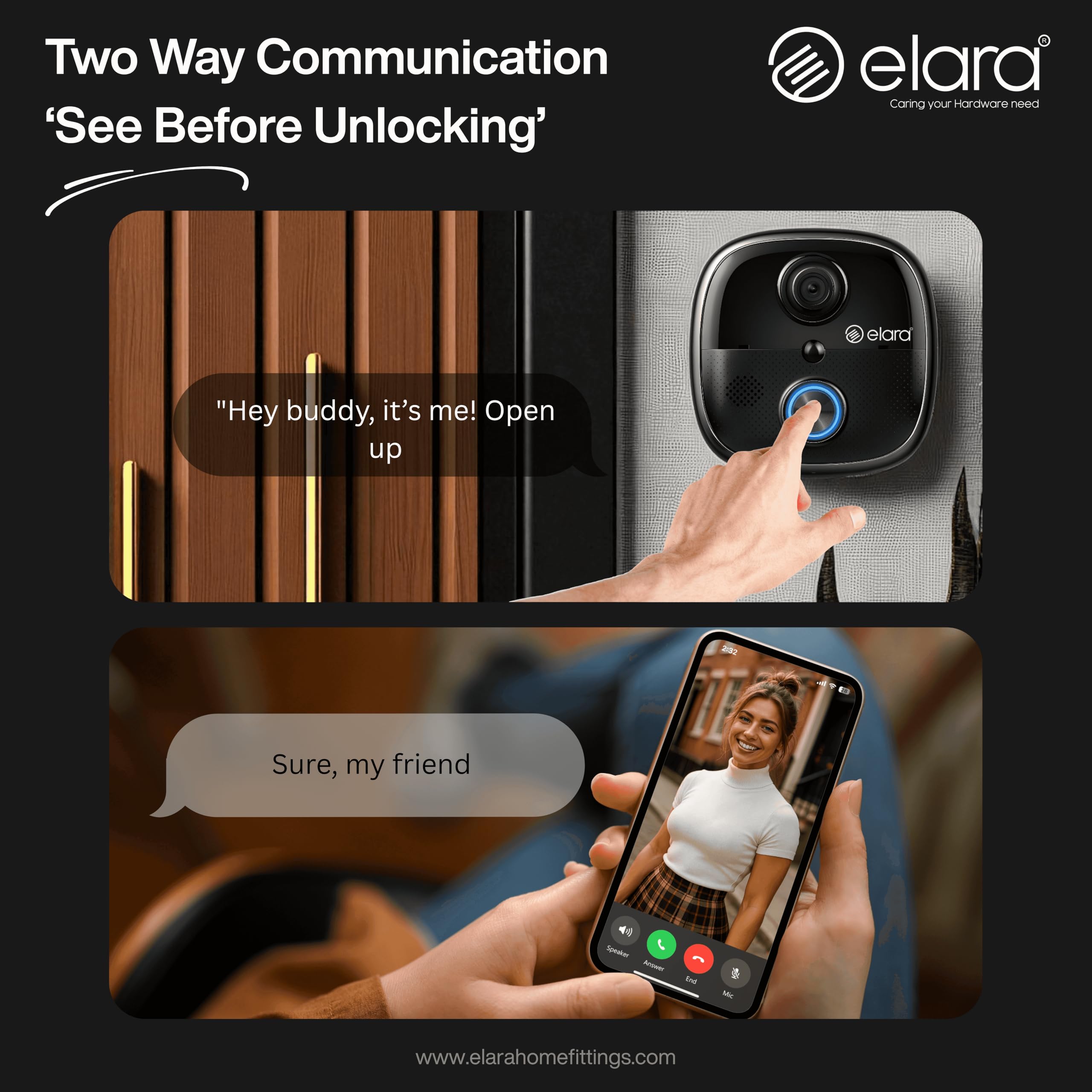 Elara Smart Video Doorbell 2K, 1080p HD Camera, Night Vision, IP65 Water-Resistant, Live Streaming, Plug and Play Chime WiFi, Dual Power Options, PIR Sensor 3