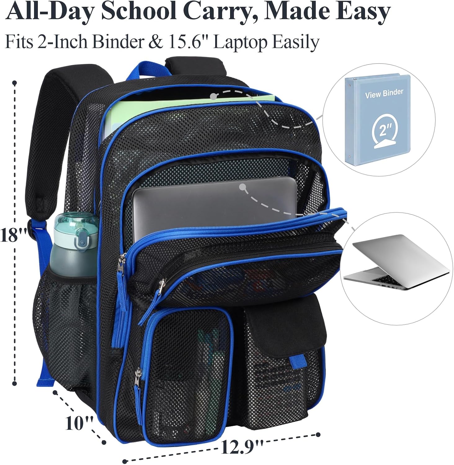Mesh Backpack for School - 18 Inch Extra Large Mesh Bookbag Age 12+ | Black and Blue Colorblock, Heavy Duty Mesh, 2 Large Compartments, Fit 16" Laptop, 900D Oxford Base, Padded Straps and Back thumbnail