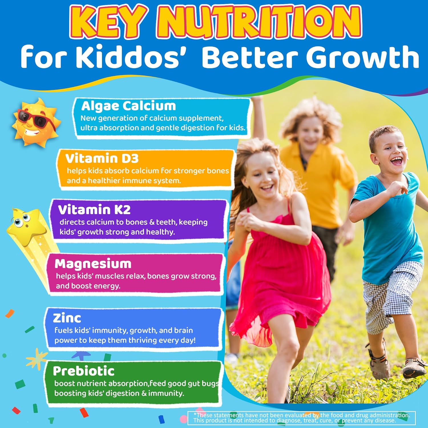 Kids Calcium Gummies + Vitamin D3 K2, Magnesium, Zinc, Extra Absorption Algae Calcium Supplement For Kids Gentle to Stomach, Bone, Teeth, Muscle, Brain, Sugar Free Chewable Kids Vitamins 4+, 60 Counts