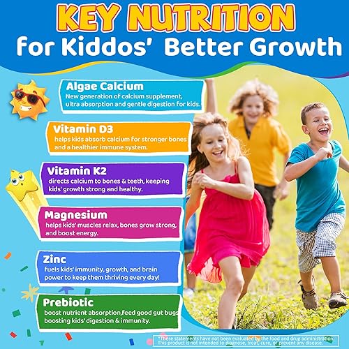 Miniatura 5 de Gomitas de calcio para niños + vitamina D3 K2, magnesio, zinc, suplemento de calcio de algas de absorción extra para niños, suave para estómago,