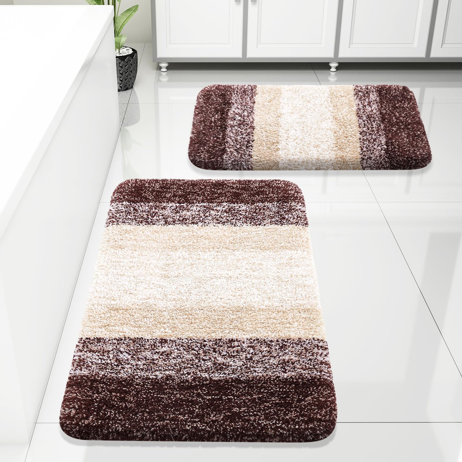 arotive bathroom rugs sets 2 piece, shaggy soft and absorbent microfiber bath rugs, machine washable dry bath mats for bathroom, 30x20 and 24x16, brown
