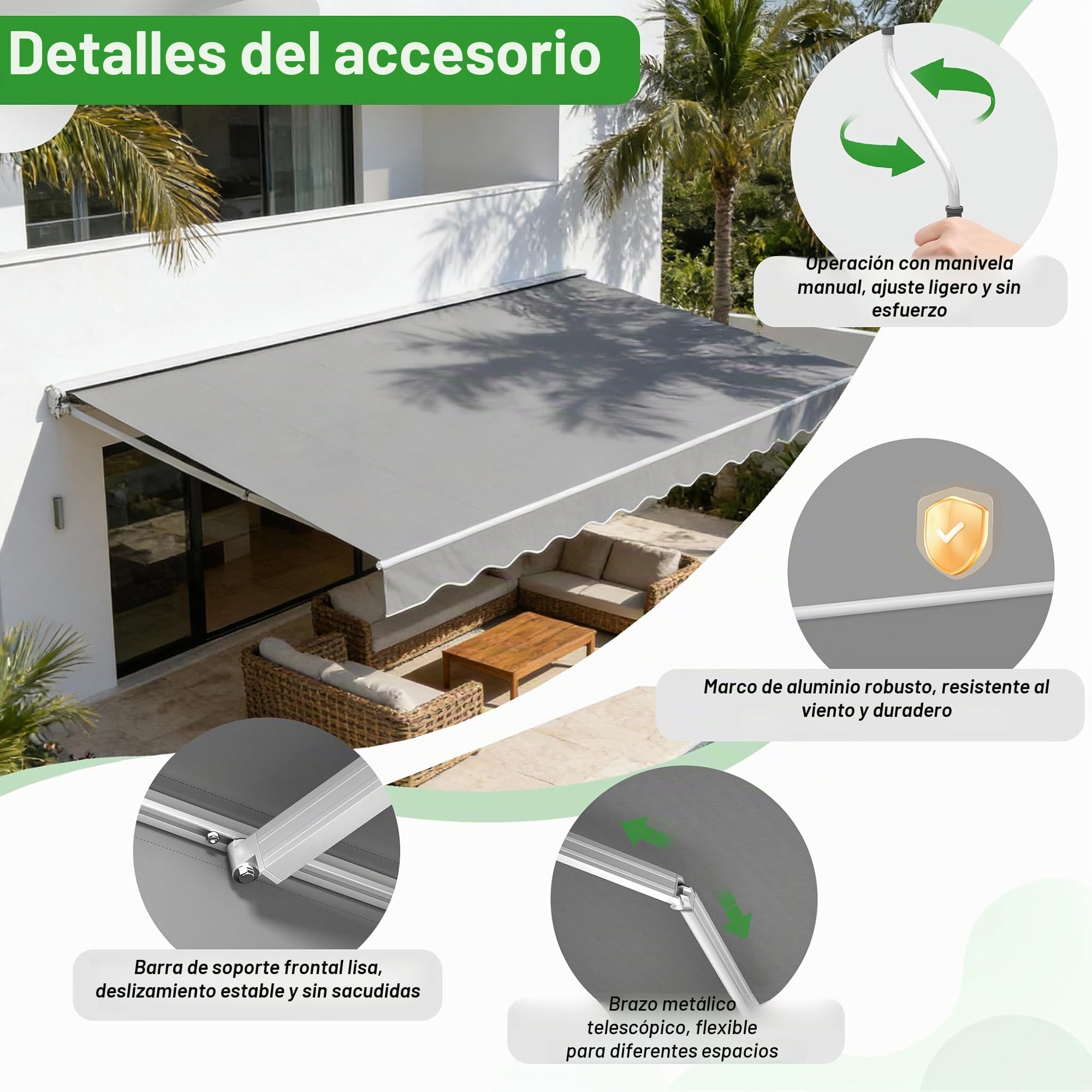 UISEBRT Toldo para balcón, 360 x 300 cm, con brazo articulado, toldo con abrazadera, protección solar, gris claro