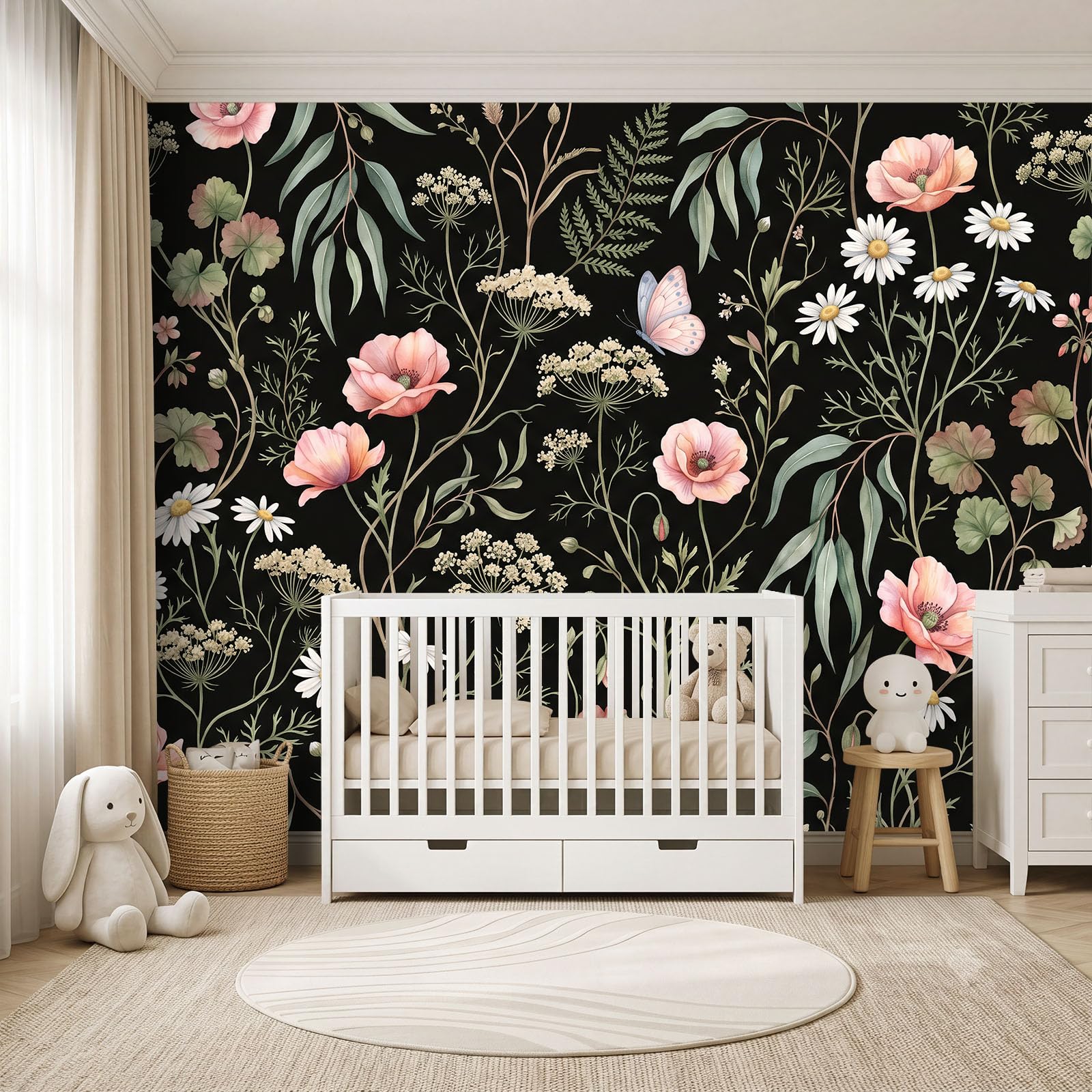 Natur LandhausWald Panorama Fototapete 200 x 140 cm, Mohnblumen Gänseblümchen Eukalyptusblätter Geranien Vlies Tapeten Wandtapete, Schwarz Wandbilder Tapete für Wohnzimmer Schlafzimmer Apartment Flur