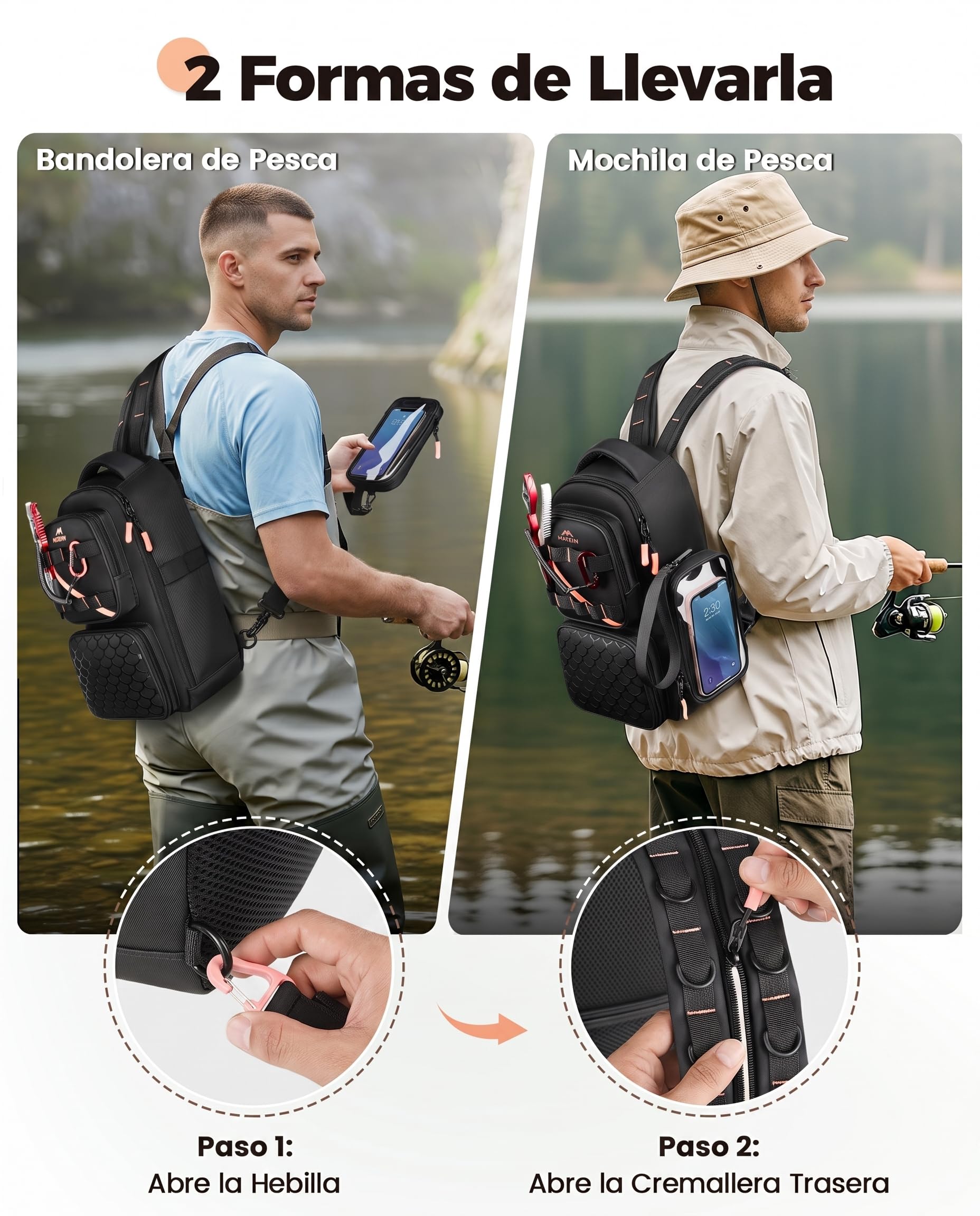 MATEIN Mochila Pesca con Soporte para Caña y Funda para Móvil, Negro