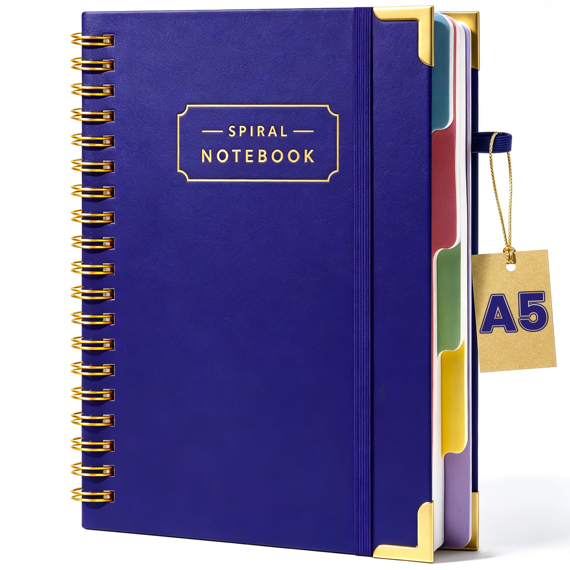 Koogel Hardcover-Spiralbuch mit Tabs, 5 Fächer, A5, Kompositions-Notizbuch, 14 x 20 cm, blau liniert, Tagebücher mit Trennblättern, für Frauen, Geschenk, Büro, Schule