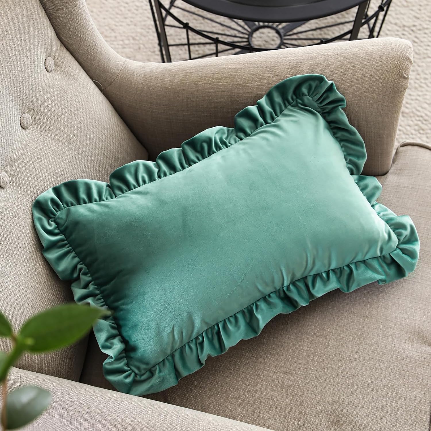 ISAENNE French Gray Blue Rectangle Throw Pillow Covers 12"x20" Set of 2, Solid Color Farmhouse Velvet Decoration Pillow Cover with Ruffles,Throw Pillow Case for Couch Sofa Bed Living Room Car