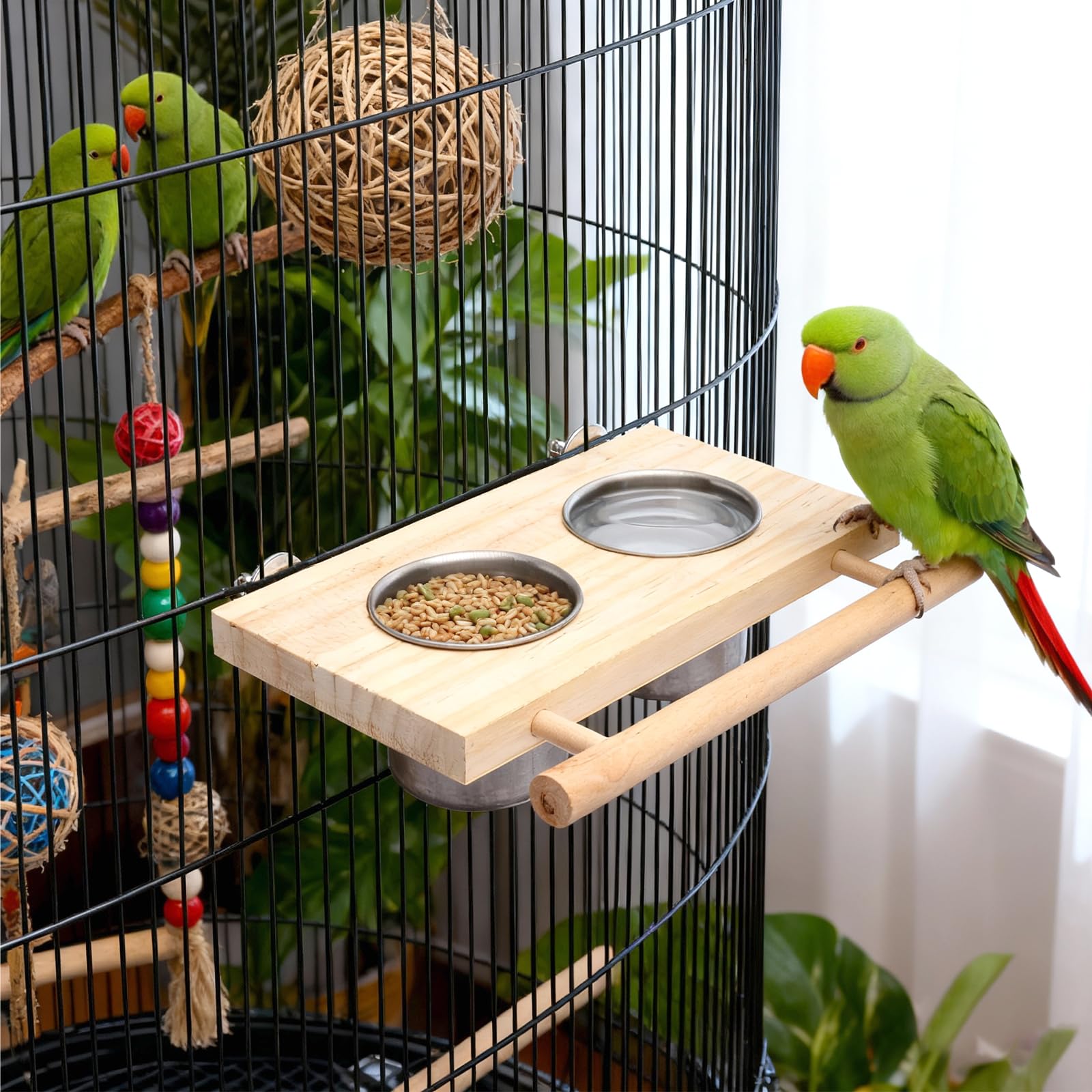 VOSSOT Bol d'alimentation pour Oiseaux Mangeoire Perroquet en Acier Inoxydable, Oiseaux Perches Jouets pour Oiseauxs à Marcher Bois Perchoirs Décoration des Cages à Oiseauxs Perruche et Perroquet