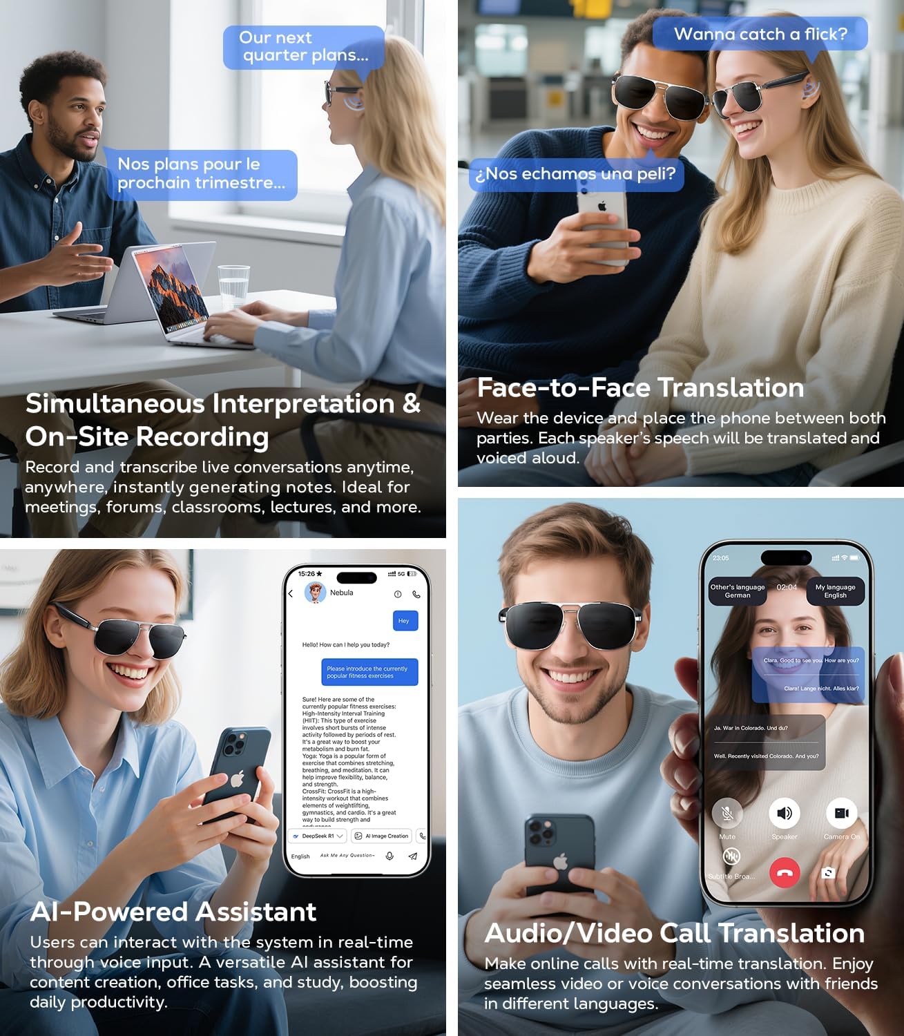 AI Smart Glasses with Chat GPT & 100+ Language Translation, Polarized & UV Protection Sunglasses with Blue Light Filtering Lenses, Ultra-Light Metal Frame, Travel Bluetooth Glasses for Men & Women