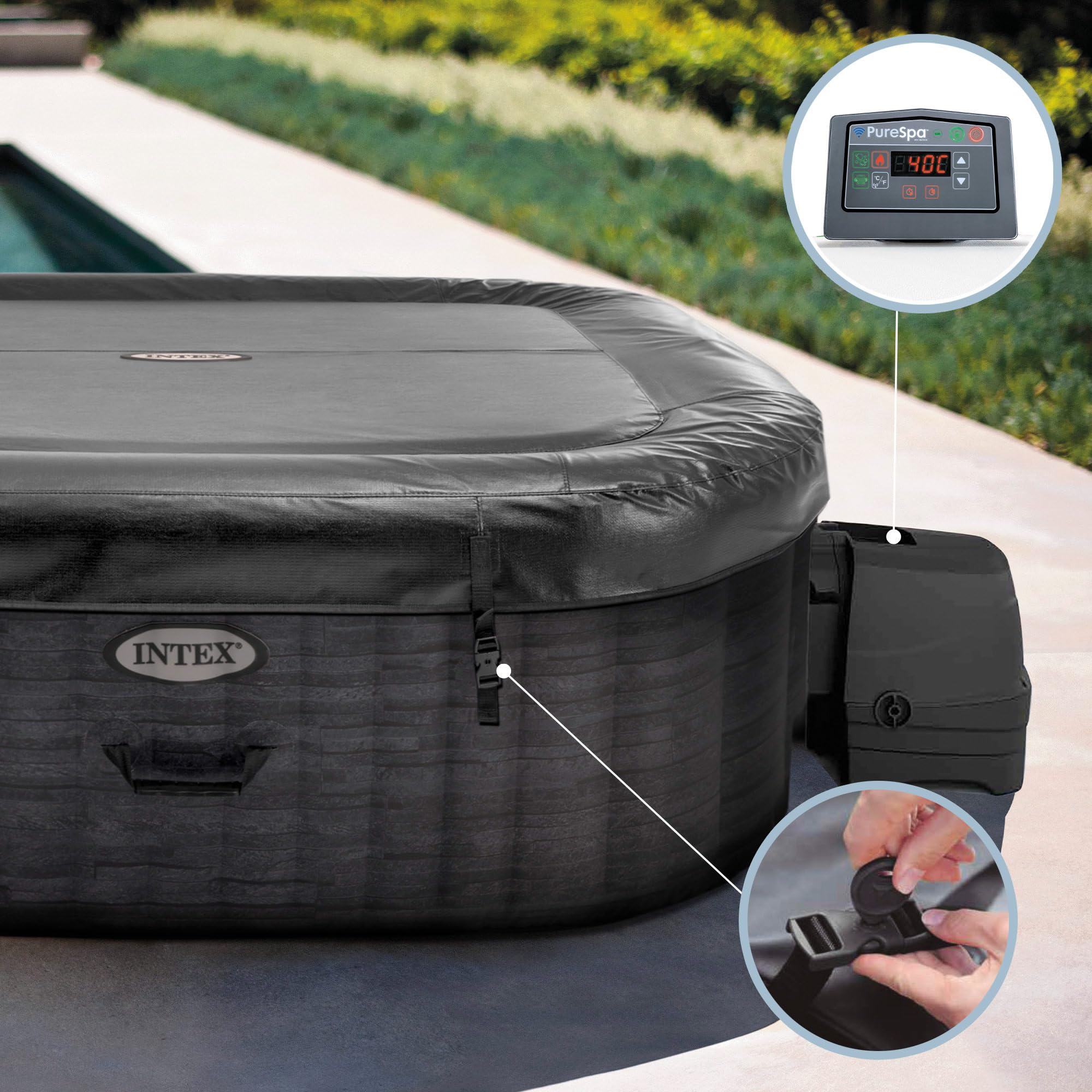INTEX PureSpa Greywood Deluxe In- & Outdoor Whirlpool aufblasbar für 4 Personen 795 L (145 x 71cm) Inkl. Wasserenthärtungs- & Salzwassersystem - 140 Massagedüsen - Heizsystem - APP Steuerung & LED