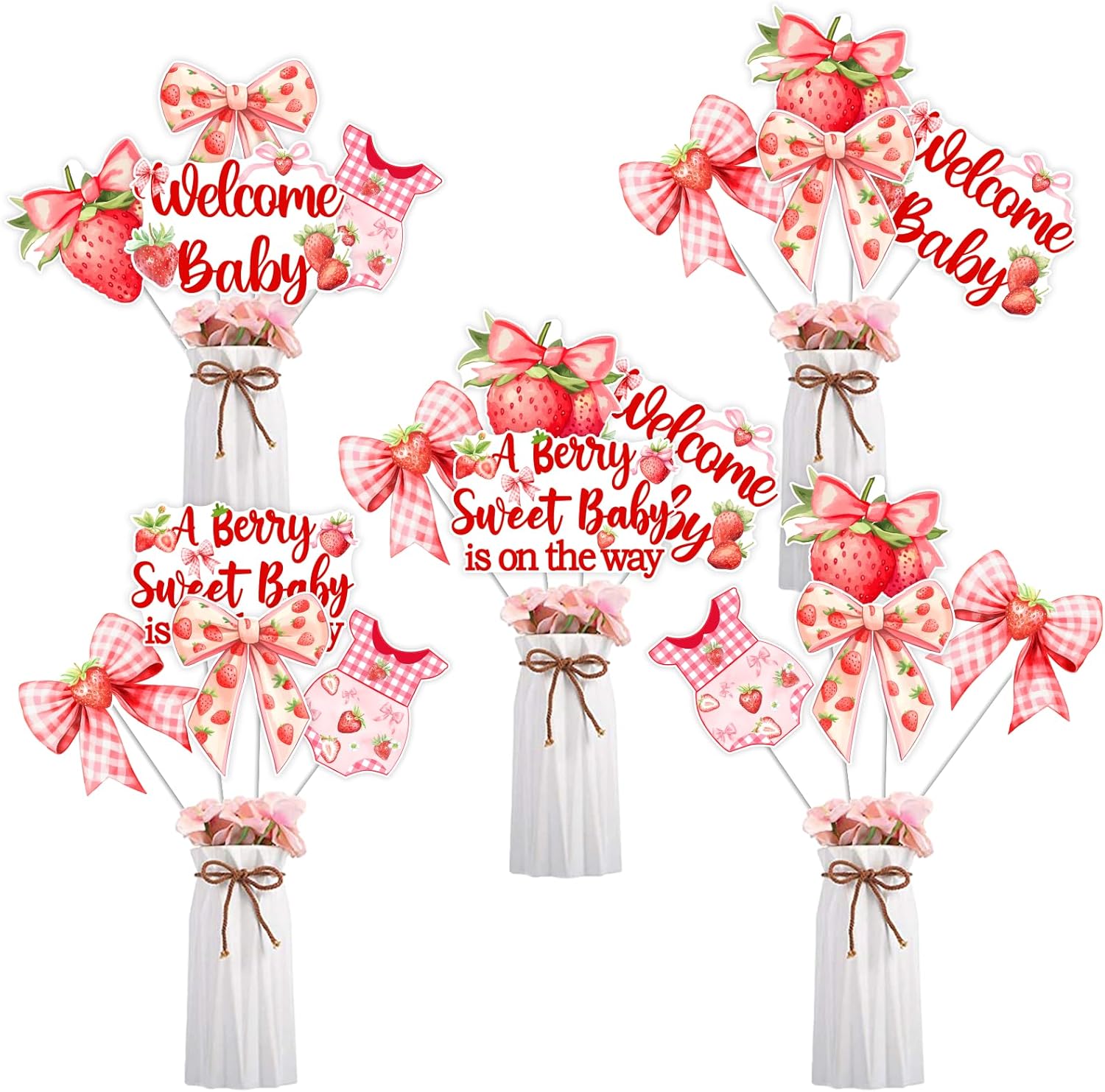 Pink Bow Strawberry Baby Shower Decorations - 24 Pcs A Berry Sweet Baby Is on The Way Centerpiece Sticks Strawberry It's a Girl Gender Reveal Party Supplies Pink Red Fruit Table Toppers Decoration