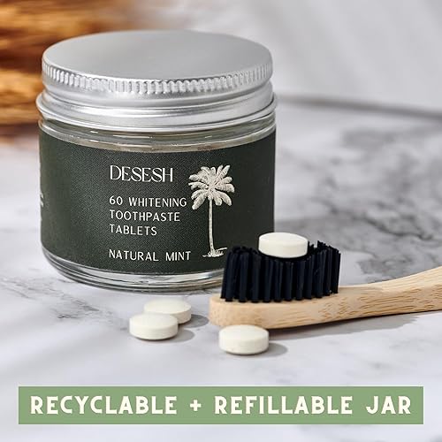 Miniatura 5 de 120 tabletas de pasta de dientes blanqueadoras, 2 tarros de vidrio de 60 unidades, hechas en Estados Unidos, sabor a menta natural, sin flúor con