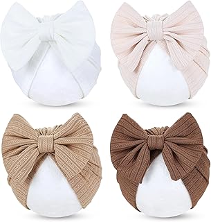 Cinaci 4 Pieces Baby Girls Turban Hats with Bow Newborn Hospital Caps Bonnets Beanies Headwraps for Infants Toddlers