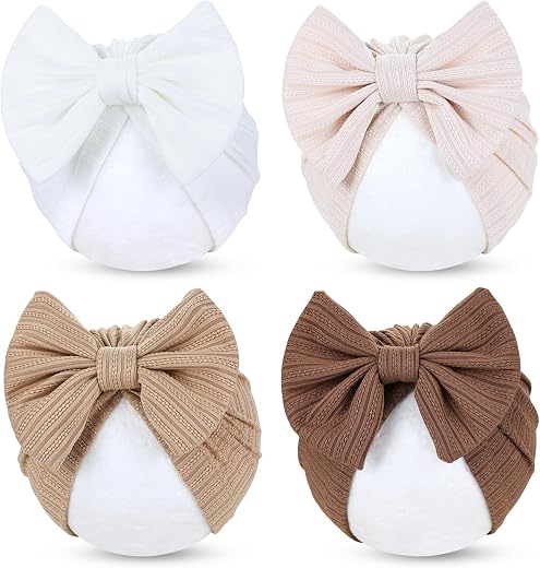 Cinaci 4 Pieces Baby Girls Turban Hats with Bow Newborn Hospital Caps Bonnets Beanies Headwraps for Infants Toddlers