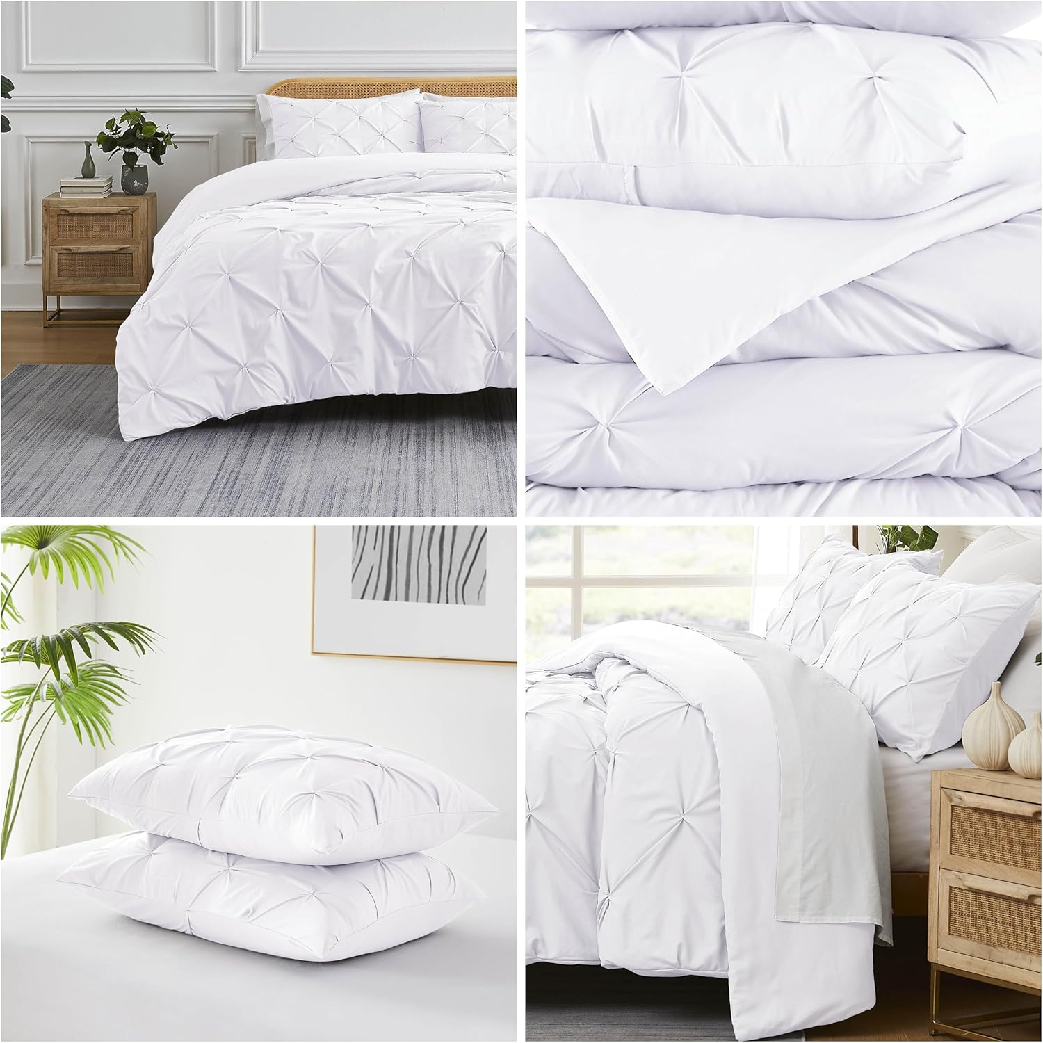 Southshore Fine Living, Inc. Pinch Pleated Duvet Cover Bedding Set with Zipper and Corner Ties, Soft and Cozy Twin/Twin XL 2-Piece Bedspread with One Matching Sham, Machine Washable, White