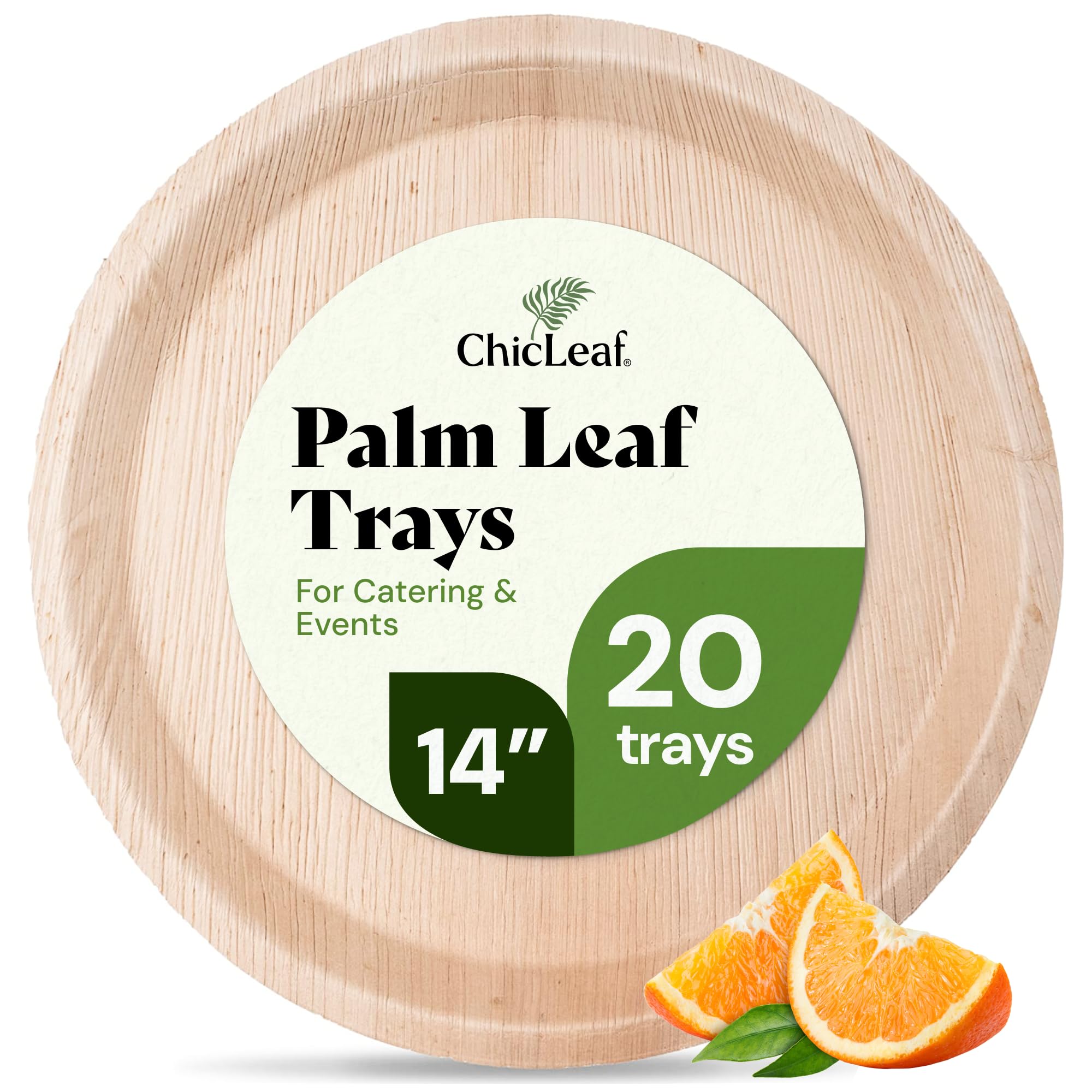 Chic Leaf All Natural Compostable & Disposable Rectangular 14" Round Palm Leaf Tray for Parties, Charcuterie Board, Catering & Weddings - Palm Leaf Platter Party Plates, Thanksgiving Dinner (20 pc)