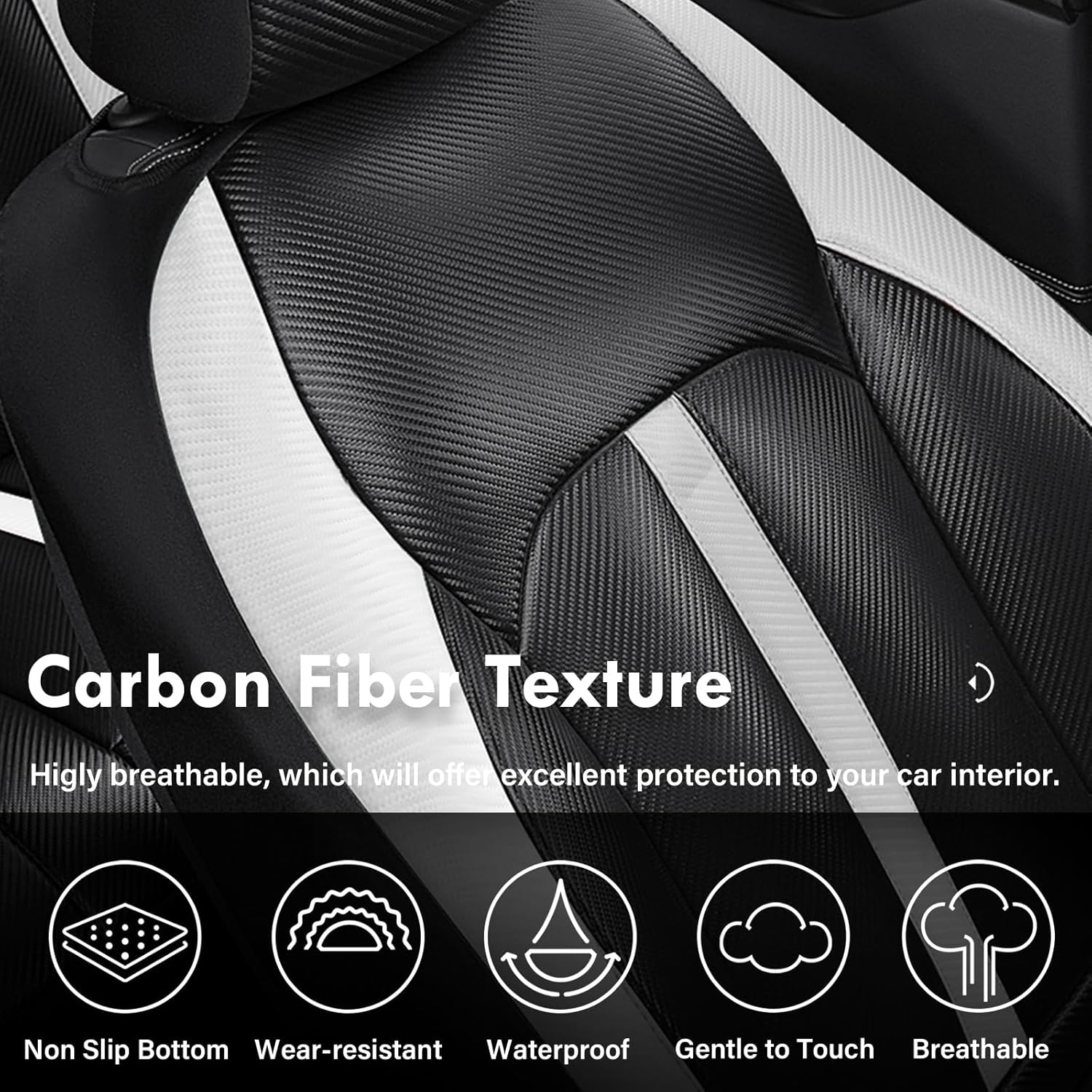 Coverado Leather Car Seat Covers Full Set & Carbon Fiber, Waterproof and Durable All Weather Protector, Universal Fit for SUV, Pickup Truck, Sedan, Automotive Vehicle Interior, Black&White