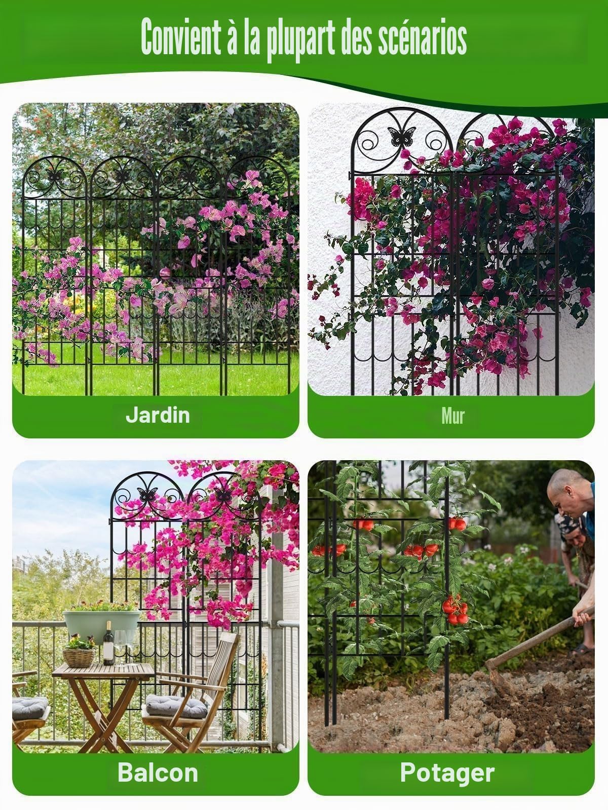 2,2 M Treillis de Jardin pour Plantes Grimpantes, Kalolary Lot 4 Treillis d'escalade Jardin Noirs avec Cadre en Métal Antirouille pour Plantes Grimpantes Pot pour Pelouse Fleurs Légumes Fruits