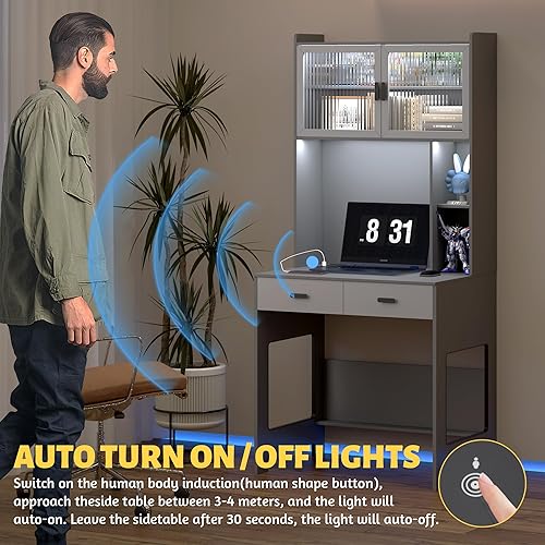 Miniatura 7 de LVSOMT Escritorio de oficina en casa con gabinete, moderno escritorio para juegos para computadora con luces LED y tomas de corriente, mesa de