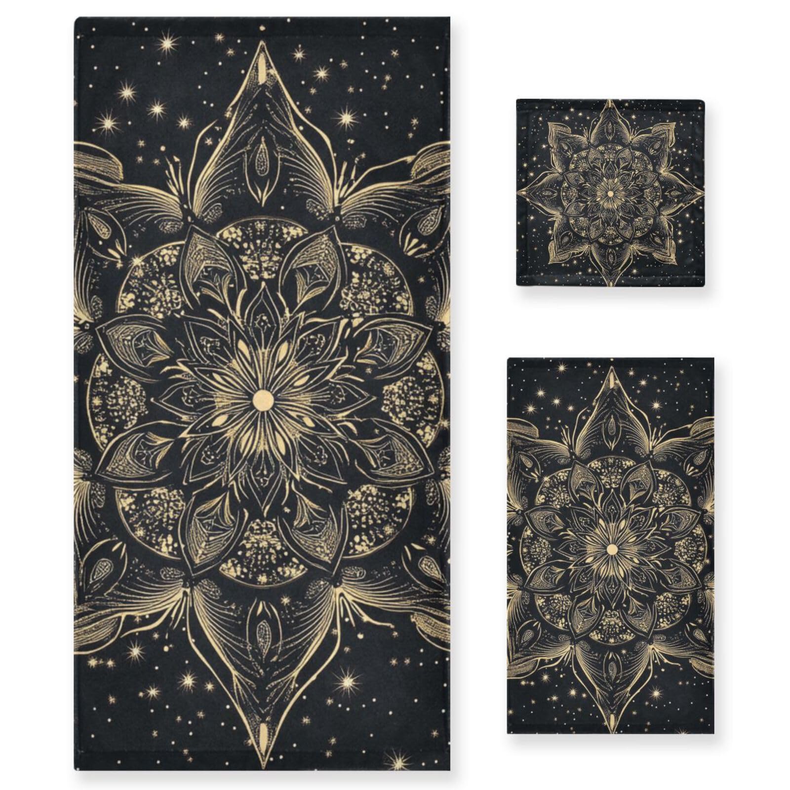 Schwarz-goldenes Mandala-Gesichtshandtuch-Set, schnelltrocknend, 3-teilig, 1 Badetuch, 1 Handtuch, 1 Waschlappen für Zuhause, Küche, Familie