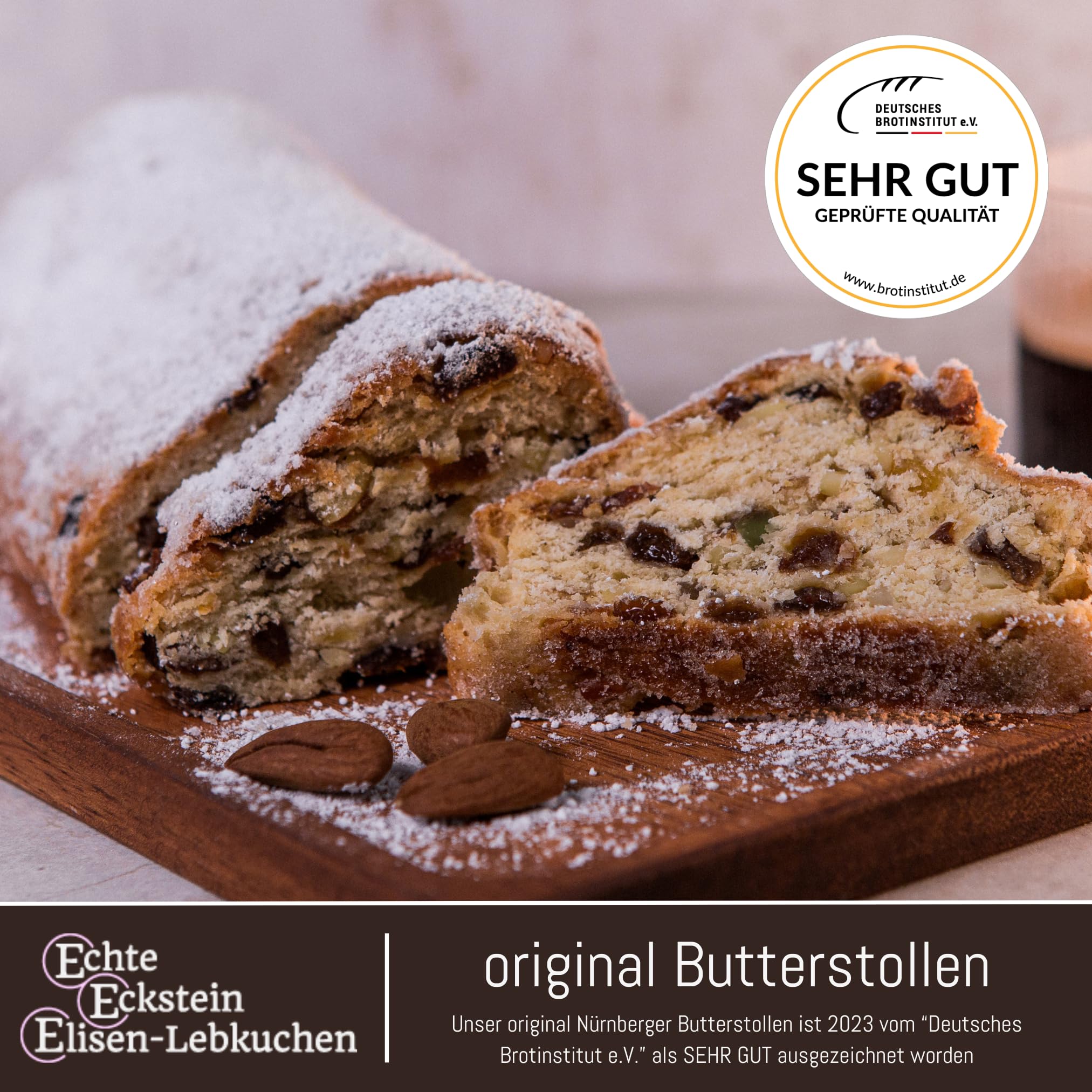 Butterstollen aus Nürnberg - 1 x 750g - Echter Eckstein Butter-Stollen | Original Nürnberger Butterstollen · saftig mit Rosinen & Mandeln · 750g · Geschenkidee zum Kaffee