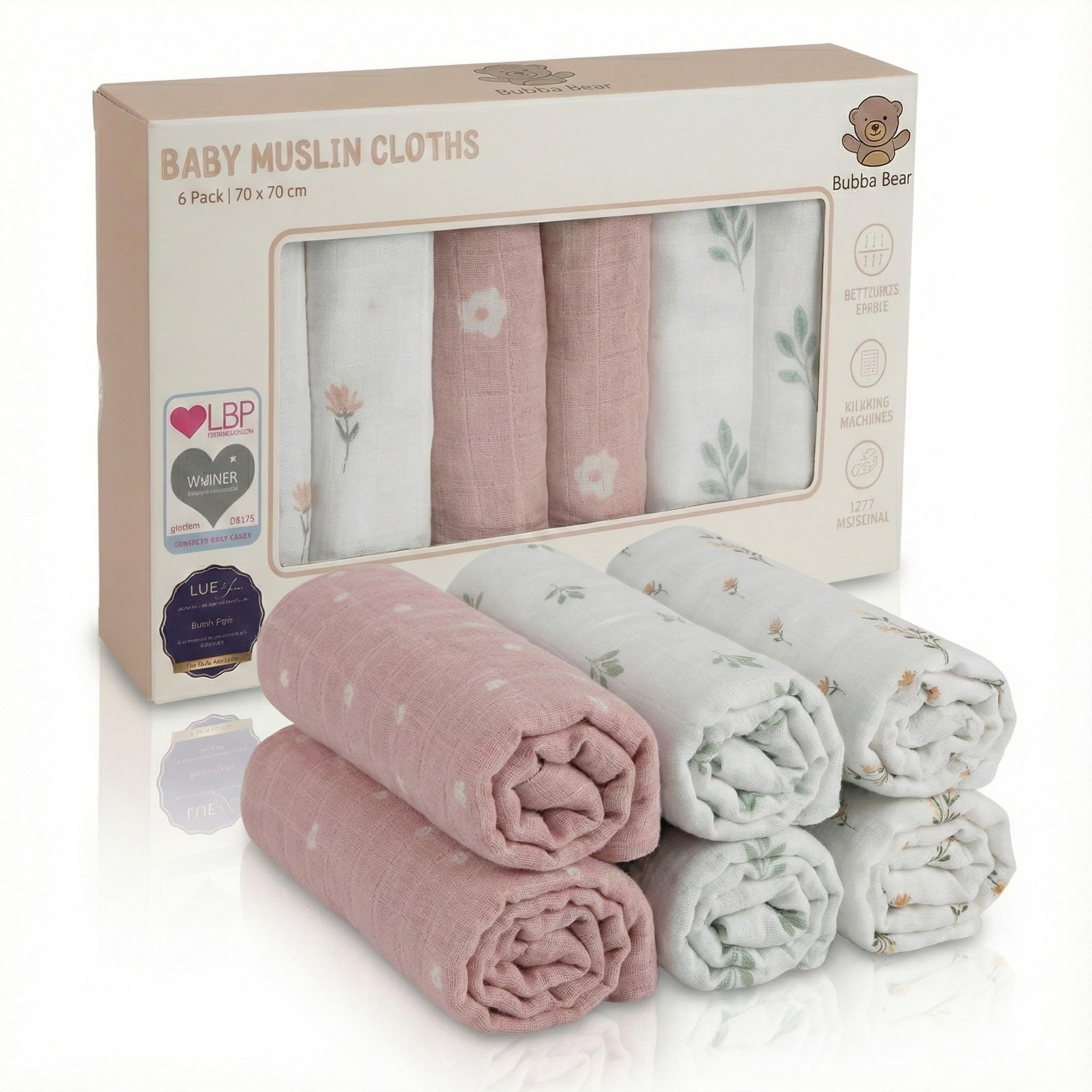 Bubba Bear Panni in mussola per neonati, 70 cm x 70 cm, confezione da 6 Panni in cotone, assorbenti e traspiranti, ideali per pulire, asciugare e coprire i neonati (Fiori)