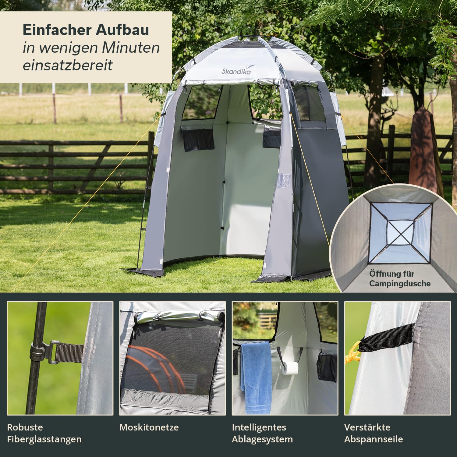 Skandika Camping Duschzelt | großes Umkleidezelt mit 230 cm Stehhöhe, silberbeschichtet, Blickdicht, separater Boden, 3 abdeckbare Fenster, Handtuchhalterung, Duschbefestigung | Toilettenzelt