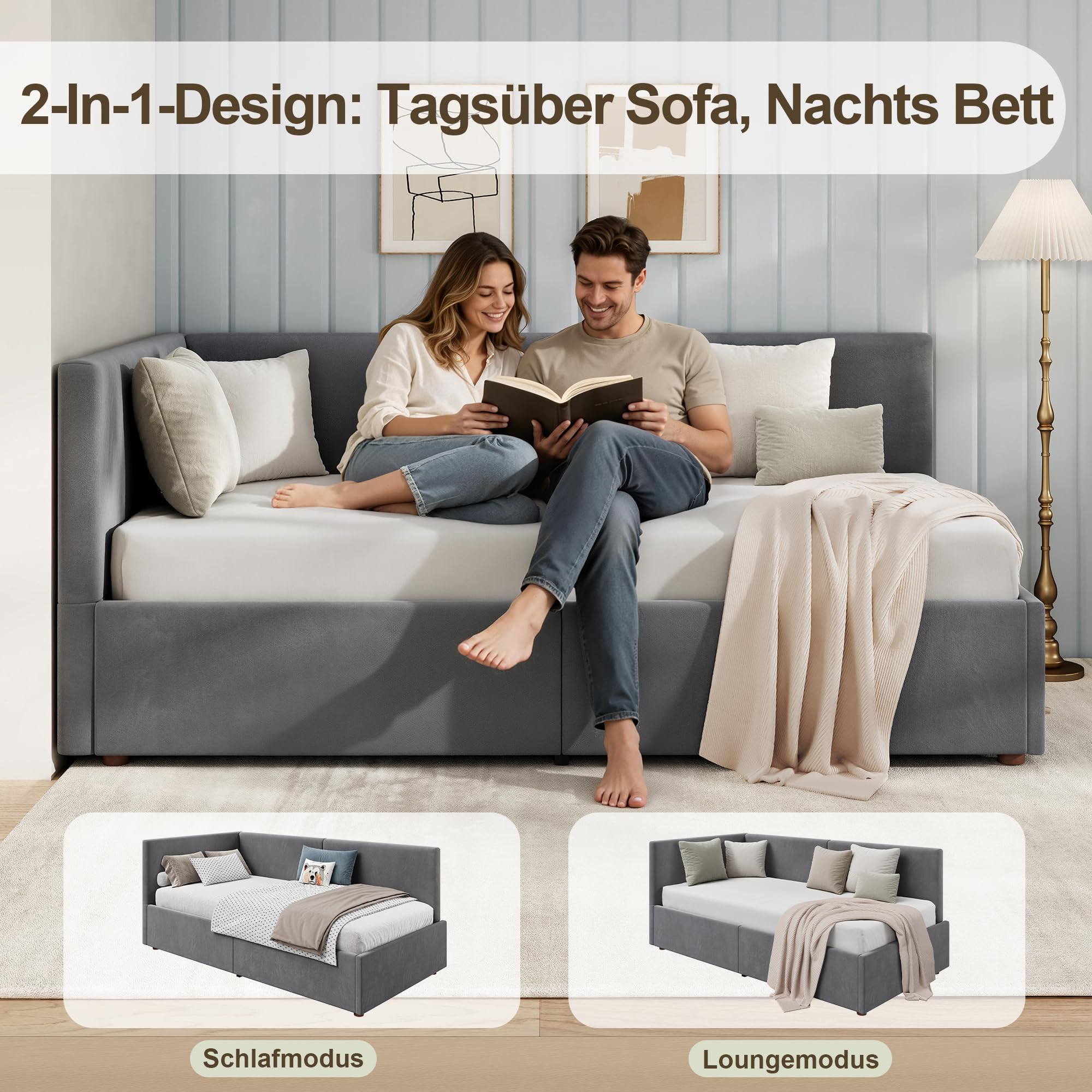 LUXOAK Polsterbett Schlafsofa 90x200 mit Hydraulischem Stauraum & Metall-Lattenrost, Tagesbett aus Samt, Kinderbett Gästebett Jugendbett (Dunkelgrau)