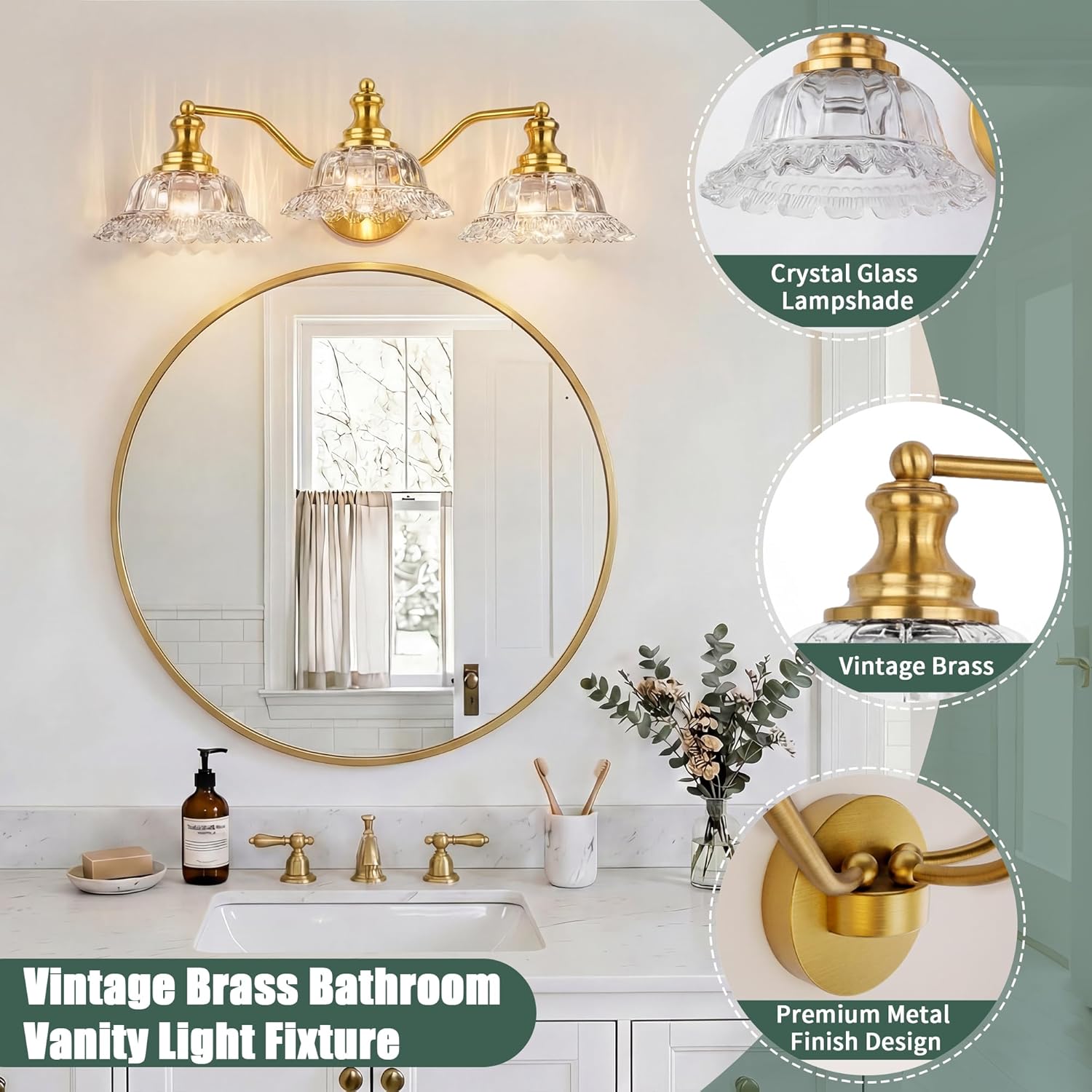 Espird Brass Bathroom Light Fixtures Over Mirror, 3 Light Vintage Bathroom Vanity Light Fixture with Clear Flower Glass Shades, Retro Gold Wall Sconce E26 Vanity Lights for Bathroom Living Room