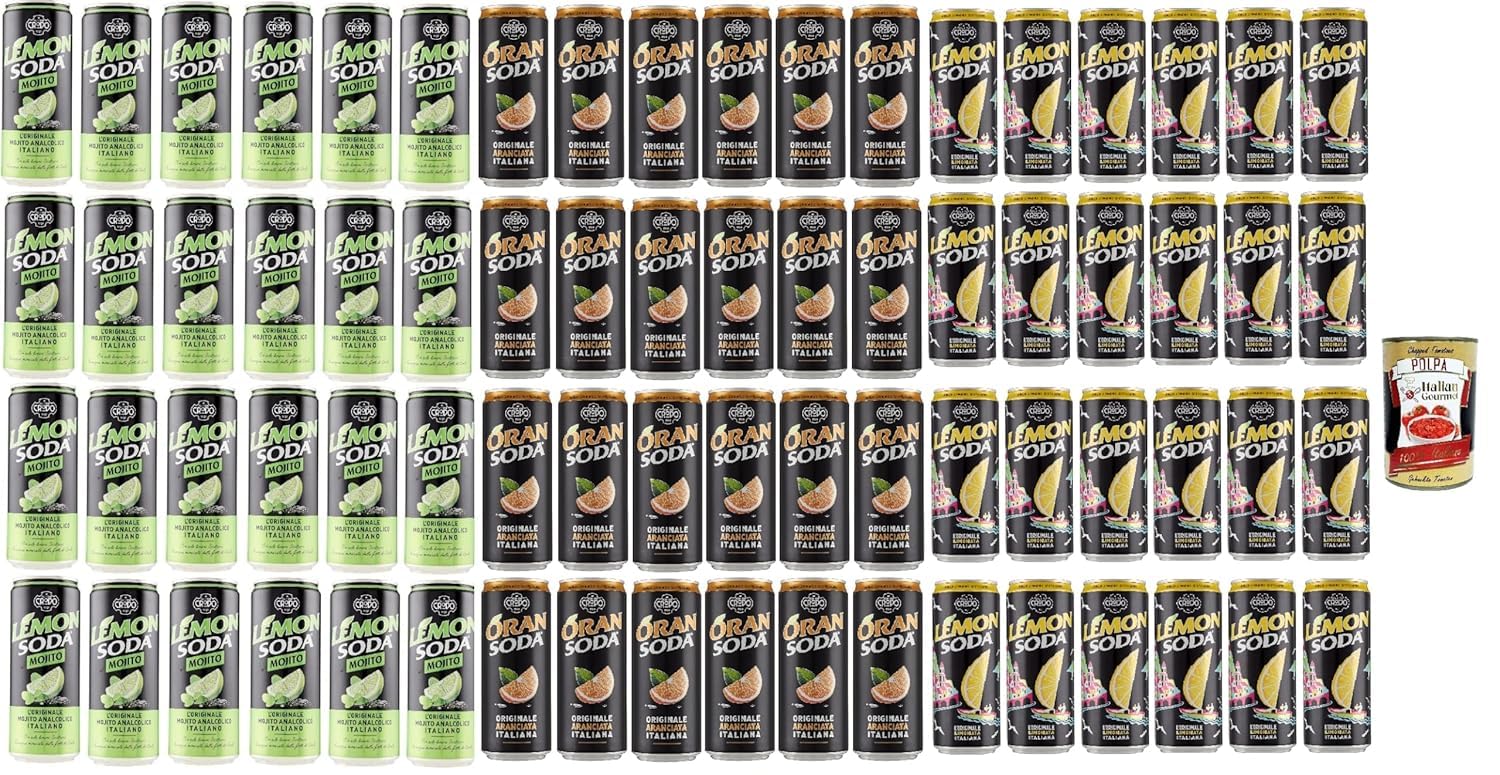 Lemonsoda, Oransoda, Mojito soda, au soda au citron oransoda, à 100% boisson italienne, Paquet de test, boisson gazeuse rafraîchissante, 72x 33cl + italien Gourmet Polpa 400g