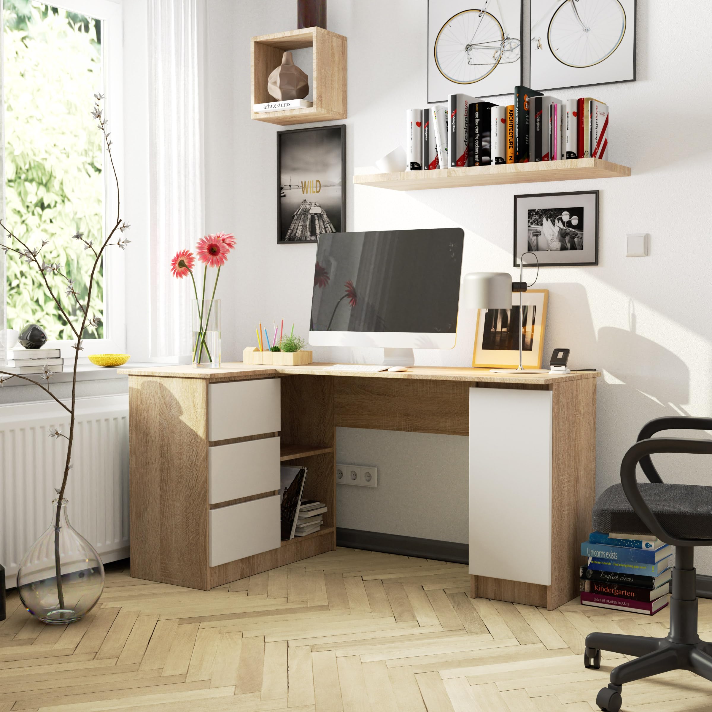BDW Scrivania Ad Angolo Sinistra 155x77x99 Cm: Rovere Artigianale, 3 Cassetti E 4 Ripiani, Per Ufficio E Cameretta - 5