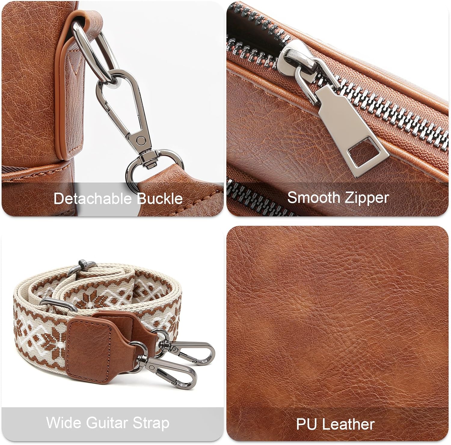 Leather Crossbody Bag for Women Anti Theft Shoulder Handbag Multi Pockets Wide Guitar Strap Tassel Trendy Travel