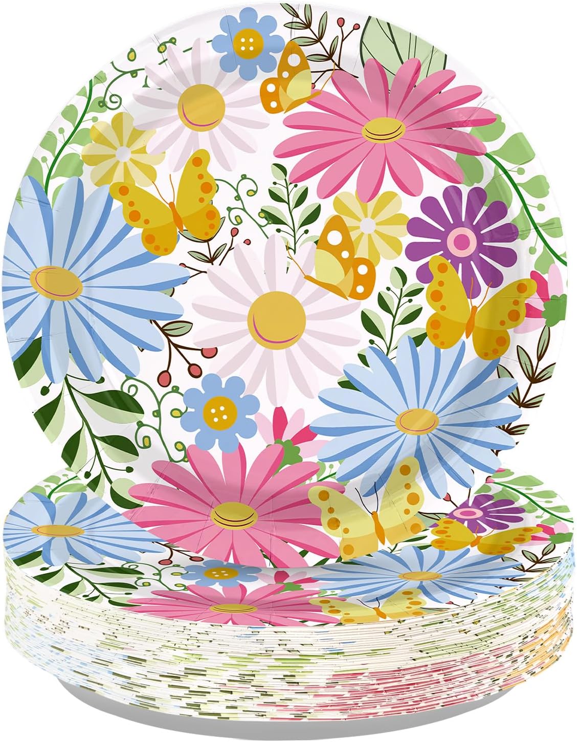 50Pcs Spring Daisy Party Decoration 10" Large Heavy Duty Daisy Floral Paper Plates Disposable Colorful Flowers and Butterflies Plates for Summer Spring Wedding Birthday Baby Shower Tea Party Supplies