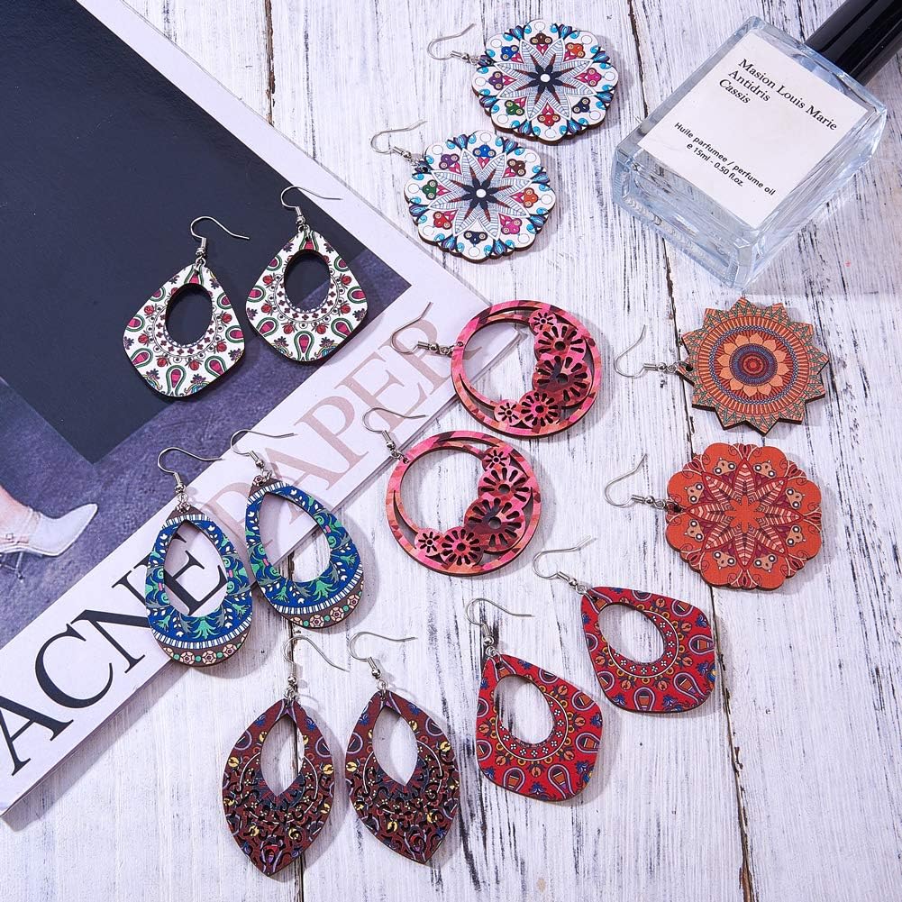 SUNNYCLUE DIY 14 Pairs Printed Wooden Dangle Earring Making Starter Kit Include Printed Wooden Charms Pendants Embellishments Hanging Ornaments Earring Hooks Jewelry Craft Supplies Beginners Adults