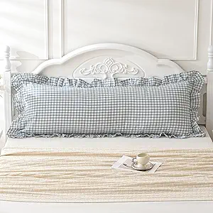 Blue White Plaid Ruffled Body Pillow Sham Washed Cotton Shabby Checkered Gingham Pillow Cover 20"x54"