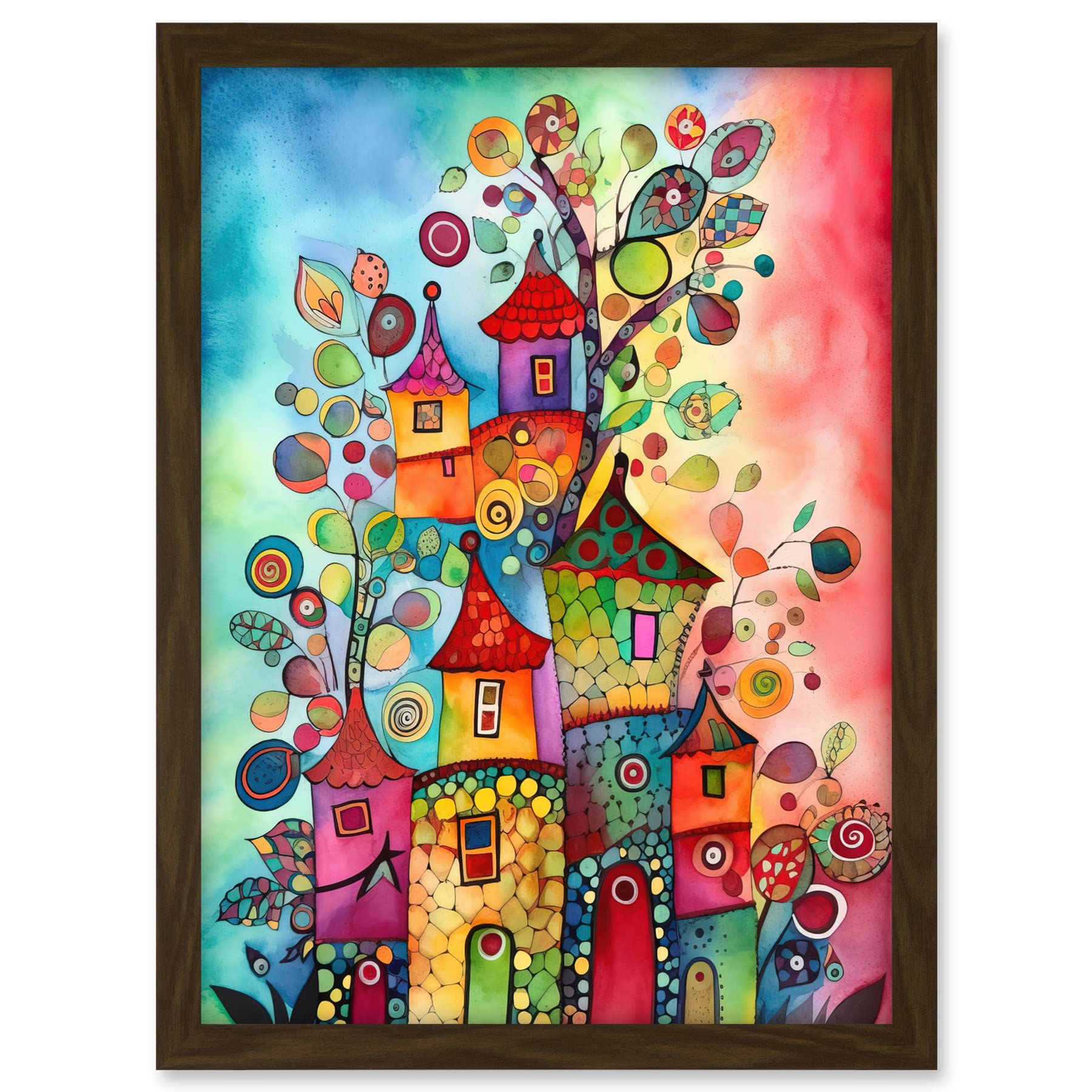 Artery8 Country Houses Concept Folk Art Watercolour Painting Artwork Framed A3 Wall Art Print