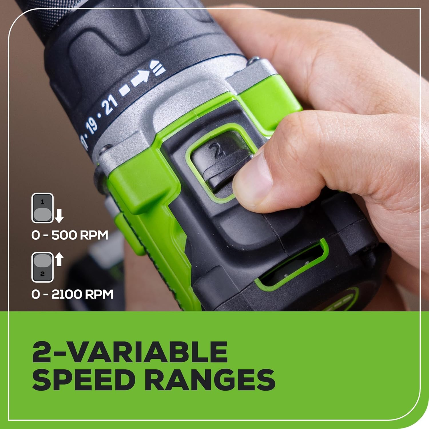 A hand adjusting the 21-position torque clutch on the Greenworks drill driver, with text '21-Position Torque Clutch + 1 Drill Setting Precision Control for Any Project'.