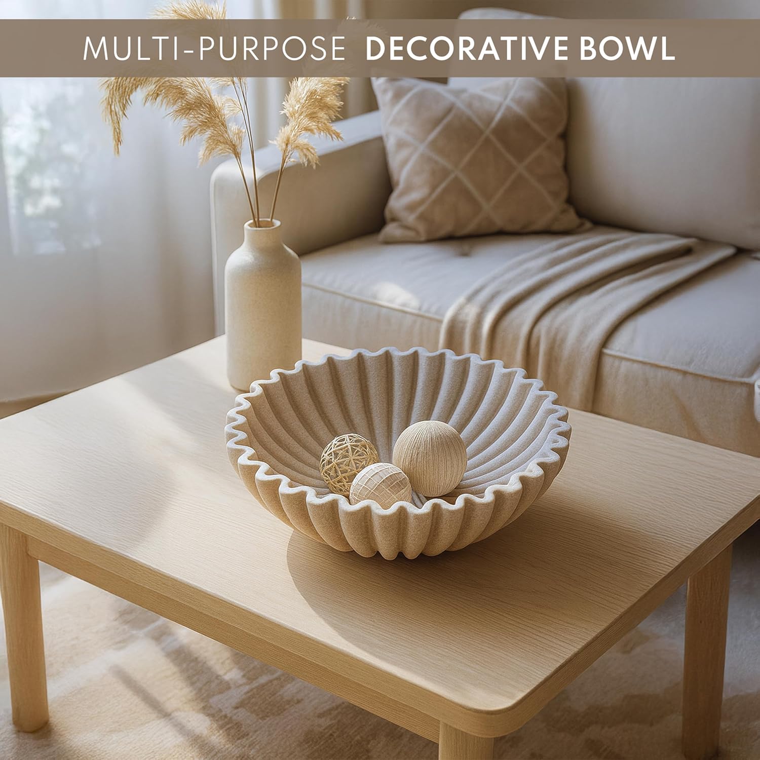 12" Extra Large Decorative Bowl – Decorative Fruit Bowl for Kitchen Counter, Modern Handmade Bowls for Home Decor, Ruffle Decor, Stylish Key Bowl for Entryway Table, Beige Artificial Stone - Image 7