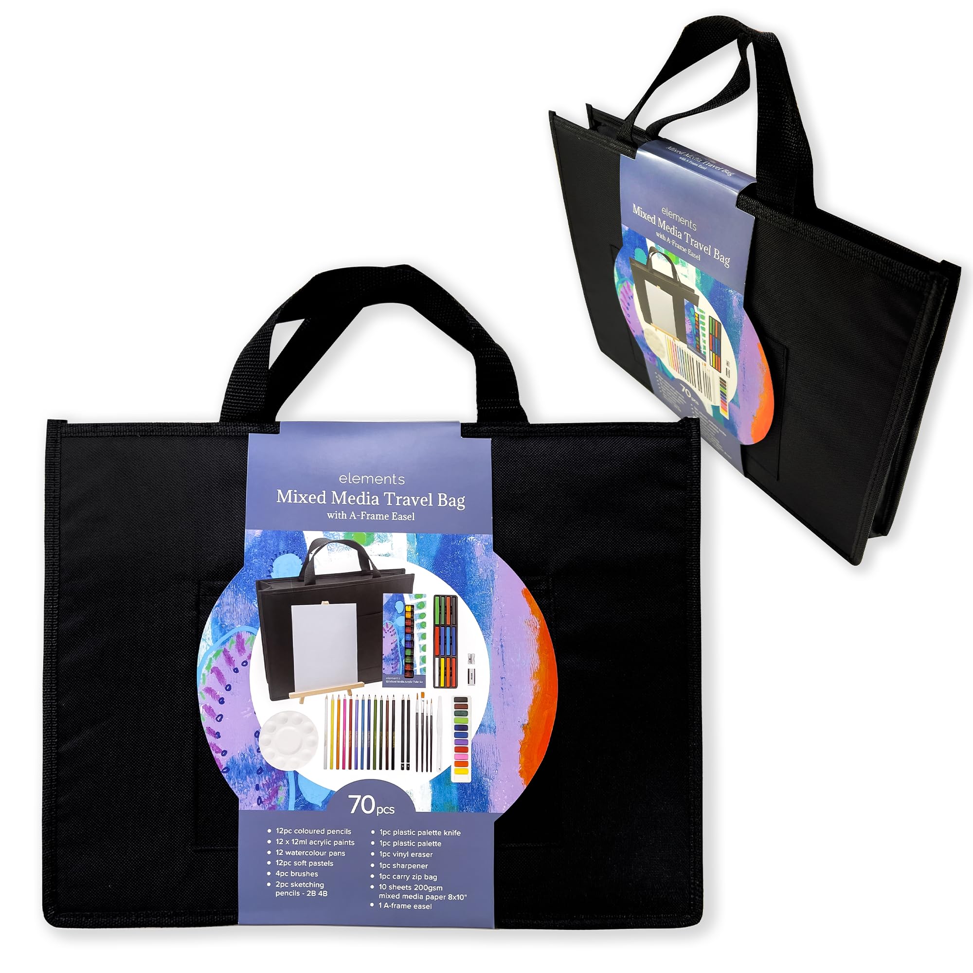 Elements 70-teiliges Kunst-Set mit gemischten Medien – Reisetasche und A-Rahmen-Staffelei mit Pinseln, Bleistiften, Farben und Zubehör – komplettes Zeichen- und Malset – Urlaubskunstbedarf und