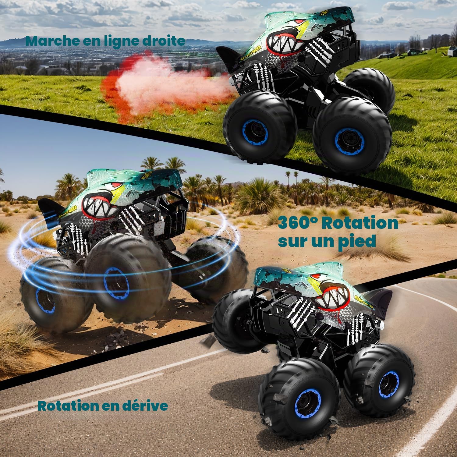 Voiture télécommandée monstertruck 1/16 avec stomp, rotation 360°, spray, lumières, musique, 15 km/h, RC 40 min