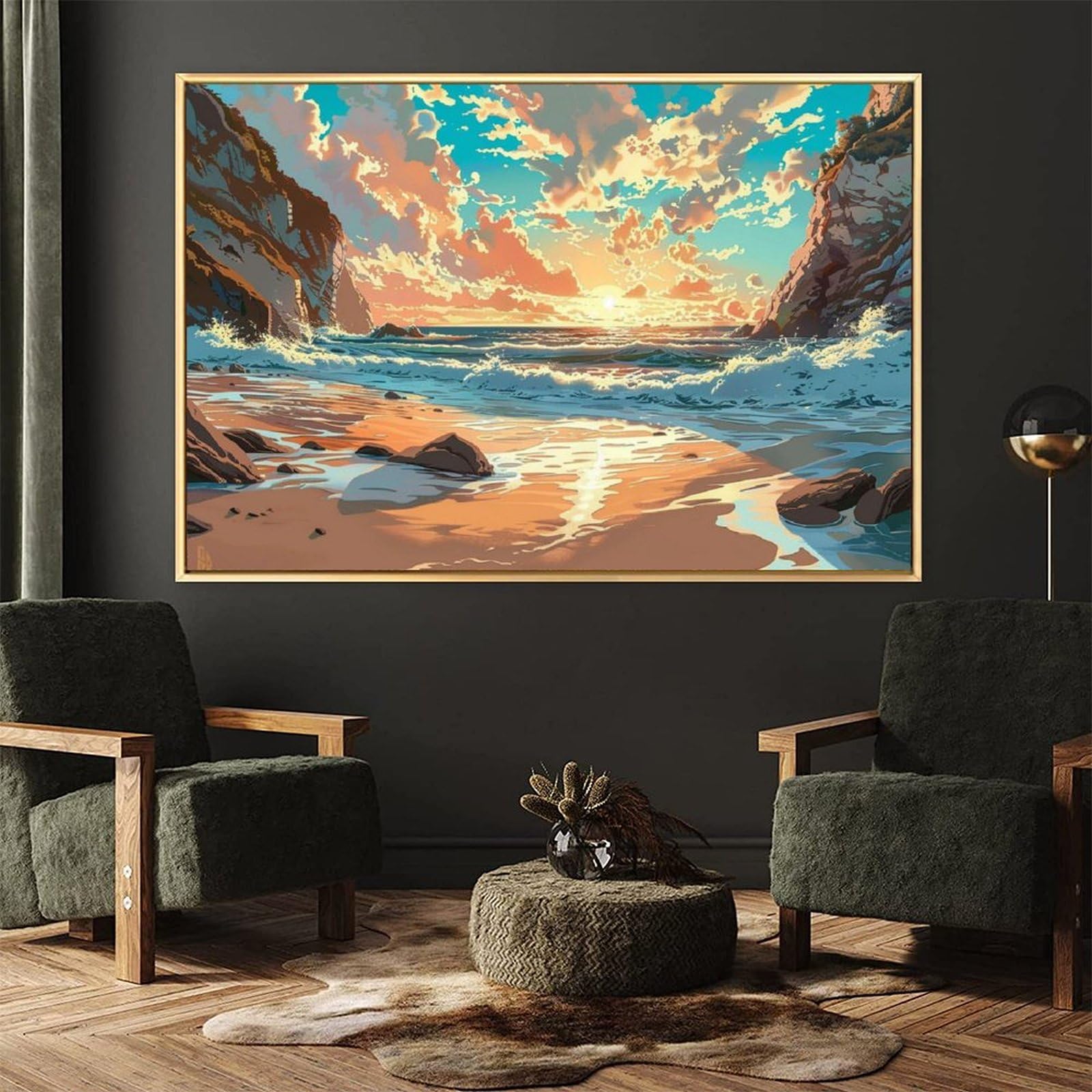Amazon.co.jp: 絵画 夕日の海岸インテリア 絵画 油絵イラストアート