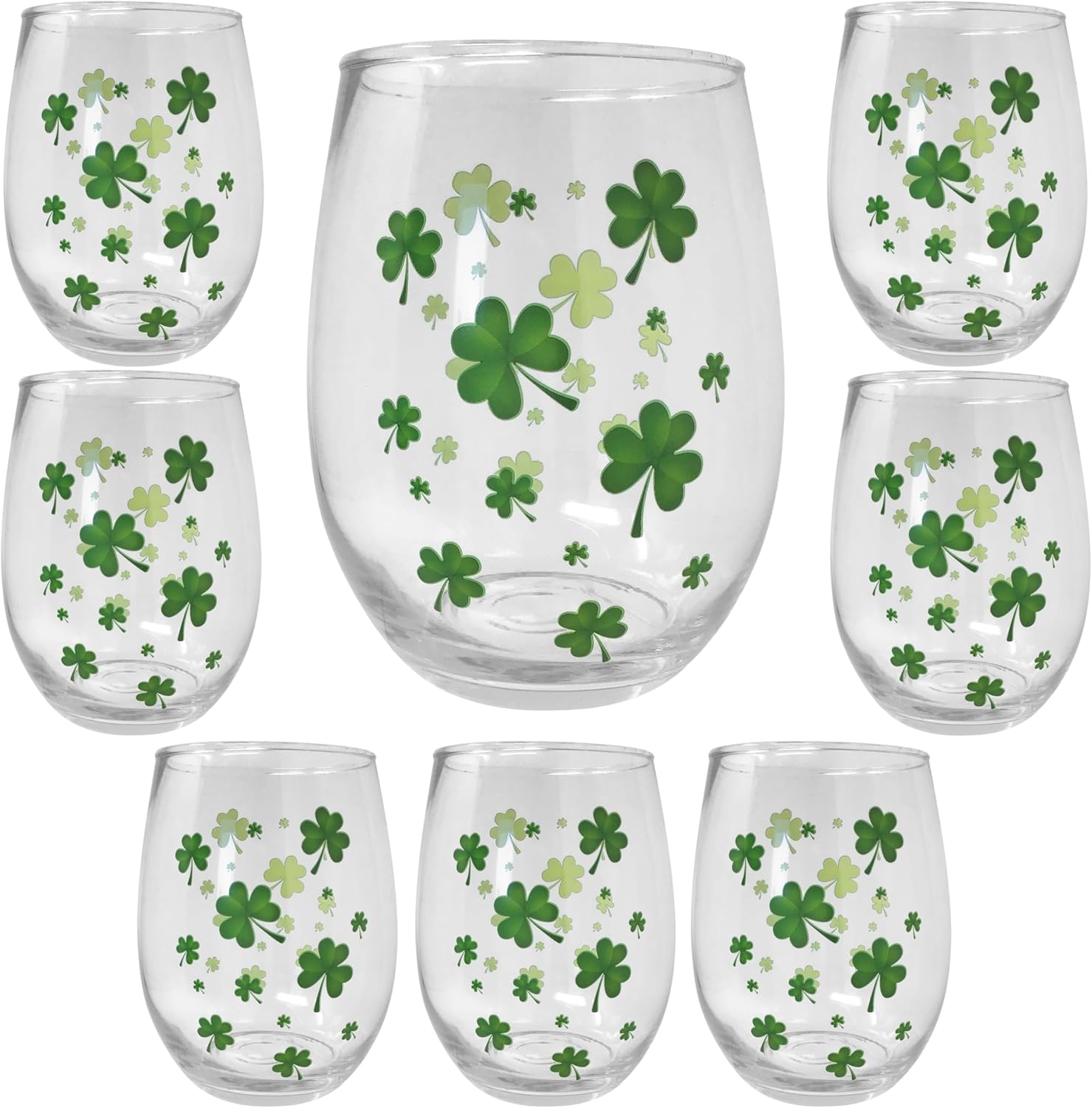 BANBERRY DESIGNS Shamrock Stemless Wine Glasses Set of 8-20 oz Irish Shamrock Glasses St Patricks Day Christmas Decorations Celtic Gift Irish Party Glassware Green Shamrock Cups 4.75 Inch