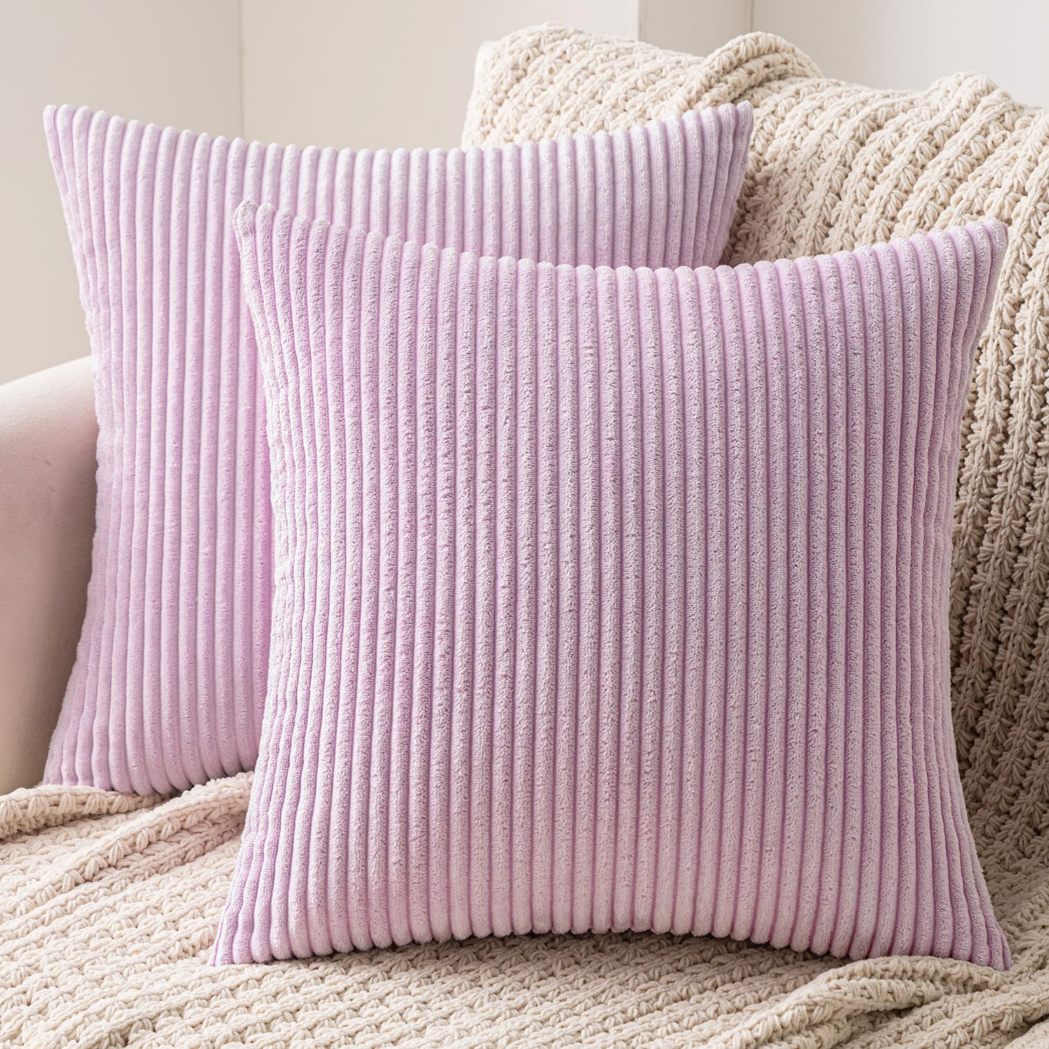 MIULEE Set of 2 Striped Corduroy Square Throw Pillow Case Soft Cushion Covers Sham Home for Sofa Couch/Bedroom Decorative Fluffy Large Pillowcases 16x16 Inch 40x40cm Violet