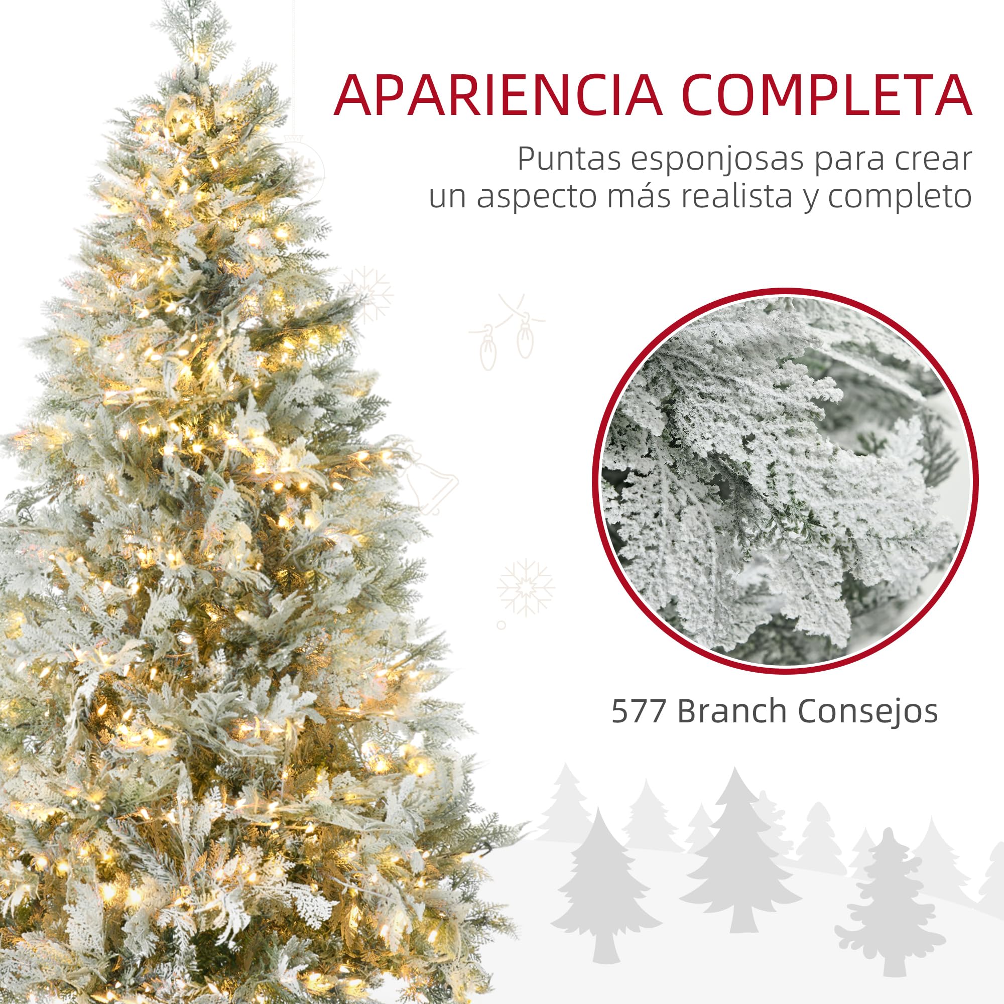 HOMCOM Árbol de Navidad Artificial 180 cm, 300 Luces LED Blancas Cálidas | Árbol de Navidad Nevado, 577 Ramas, Forma de Ciprés, Base Plegable, Decoración Navideña