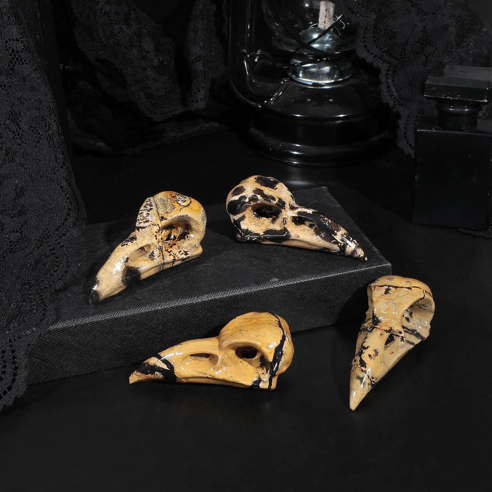 KYEYGWO 2.95 Inch Carved Crystal Raven Head Skull Statue Natural Grass Flower Jasper Stone Small Animal Figurines Gothic Desk Decor for Home Office - Image 4