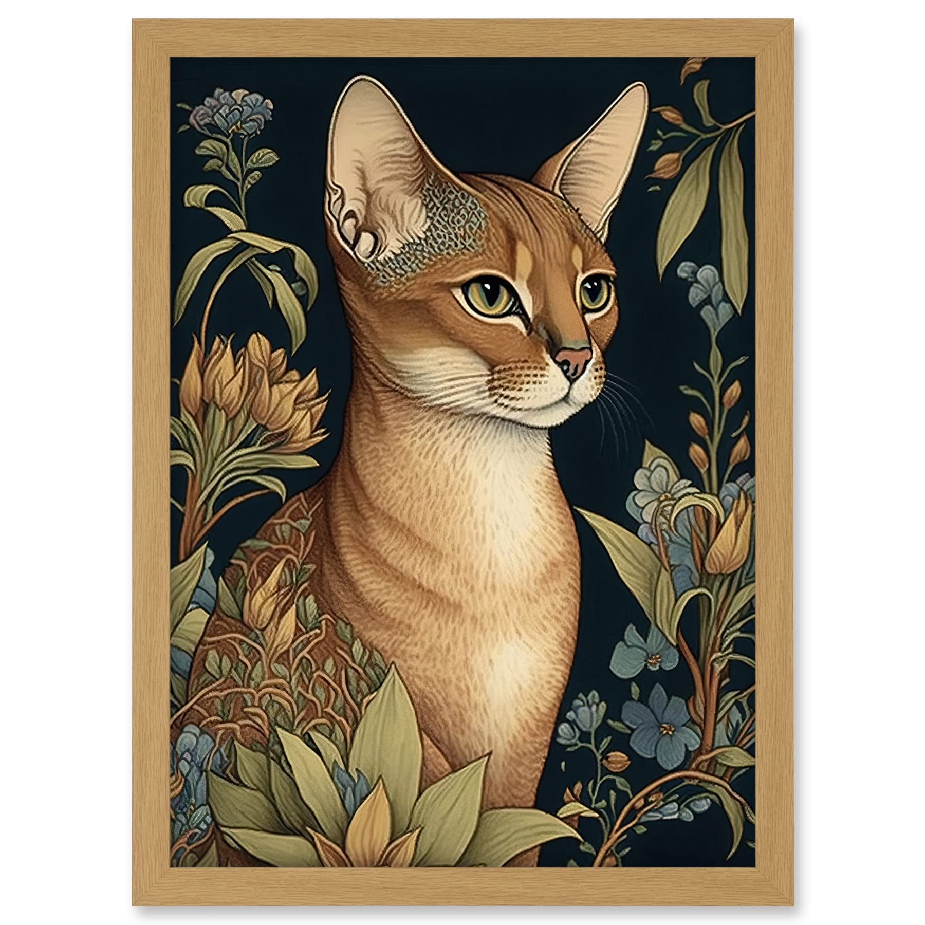Artery8 Abyssinian Cat with Flowers Art Nouveau Modern Watercolour Illustration Artwork Framed A3 Wall Art Print
