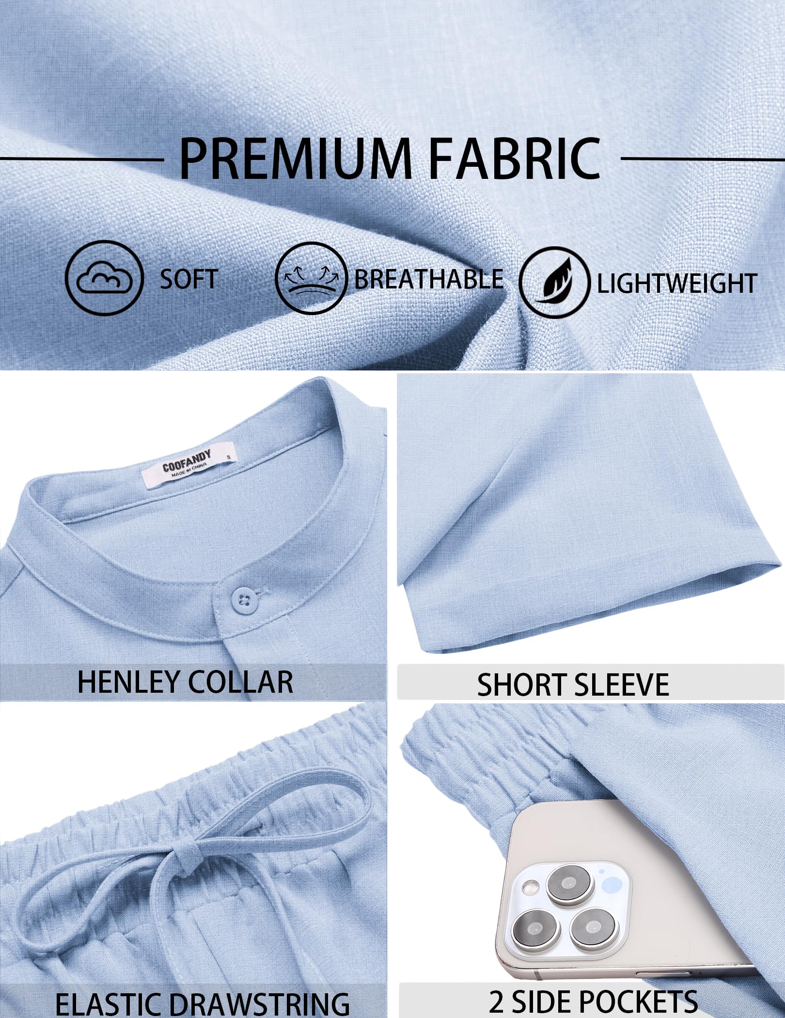 COOFANDY Ensemble 2 pièces pour homme - Chemises et shorts Henley à manches courtes - Texture - Pour l'été, la plage, les vacances | Fermeture à boutons, plage, été, léger, respirant, cordon de serrage réglable
